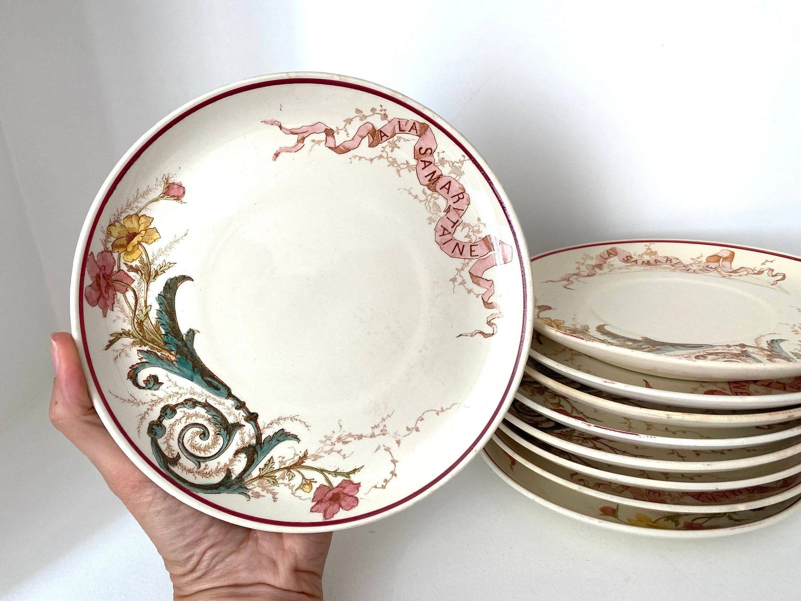 Set Of 9 French "A La Samaritaine" Earthenware Floral Plates, 1900s Antiques Plates, K&G Luneville photo for sale