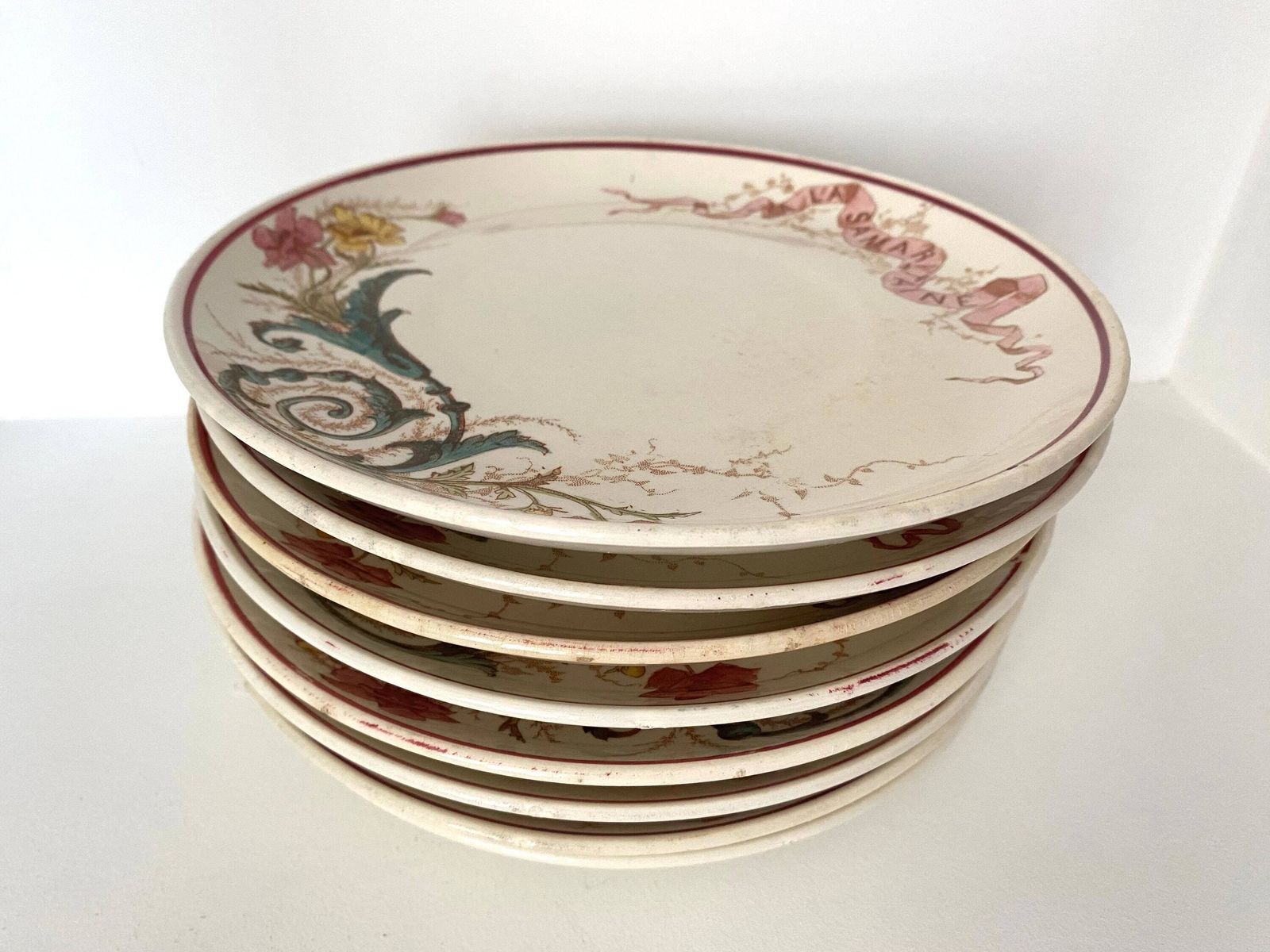 Set Of 9 French "A La Samaritaine" Earthenware Floral Plates, 1900s Antiques Plates, K&G Luneville photo Home Decor