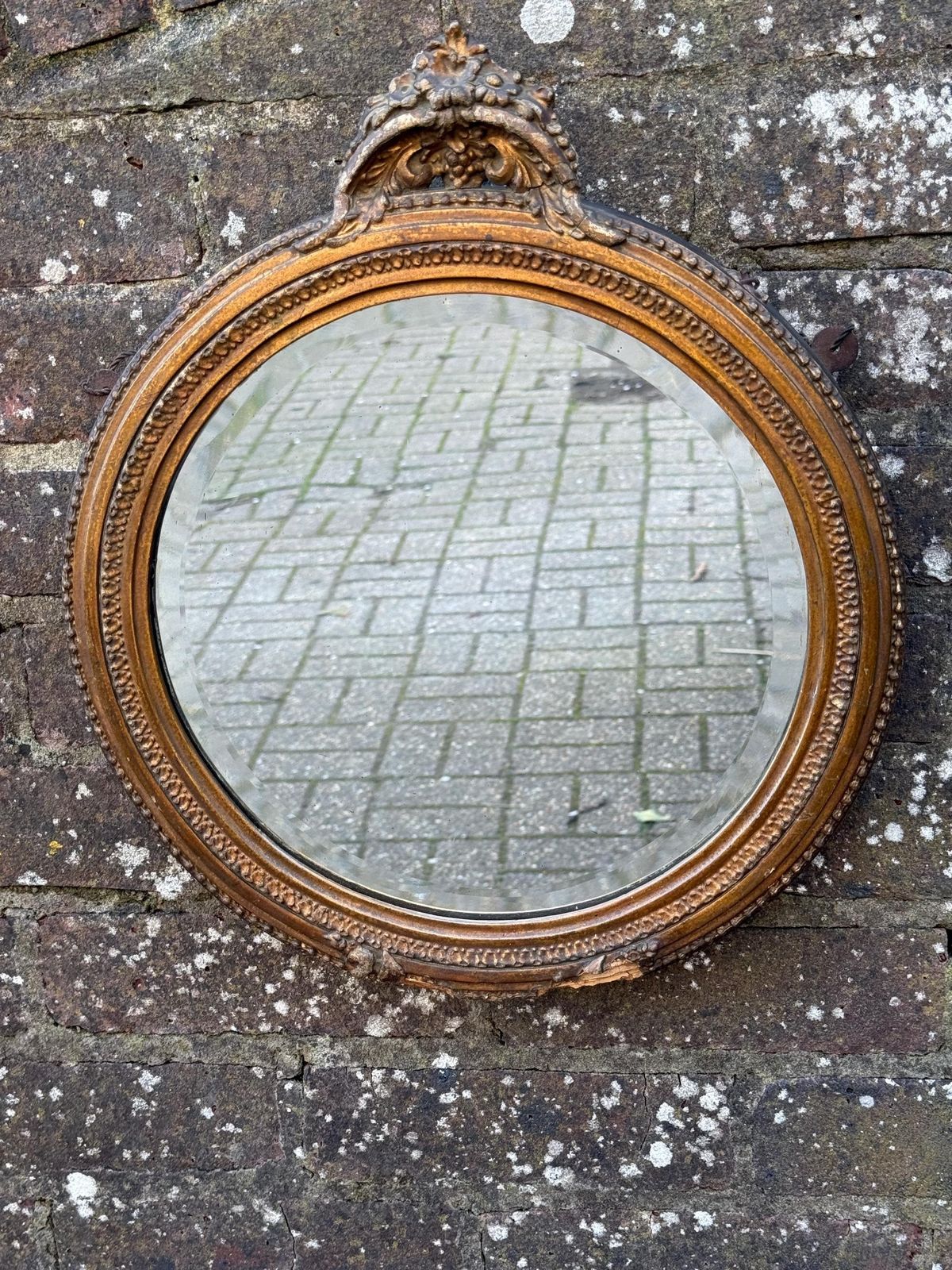 Antique Ornate Gesso Gilt Wall Mirror With Ornate Crest Detail And Shabbied Finish photo furniture
