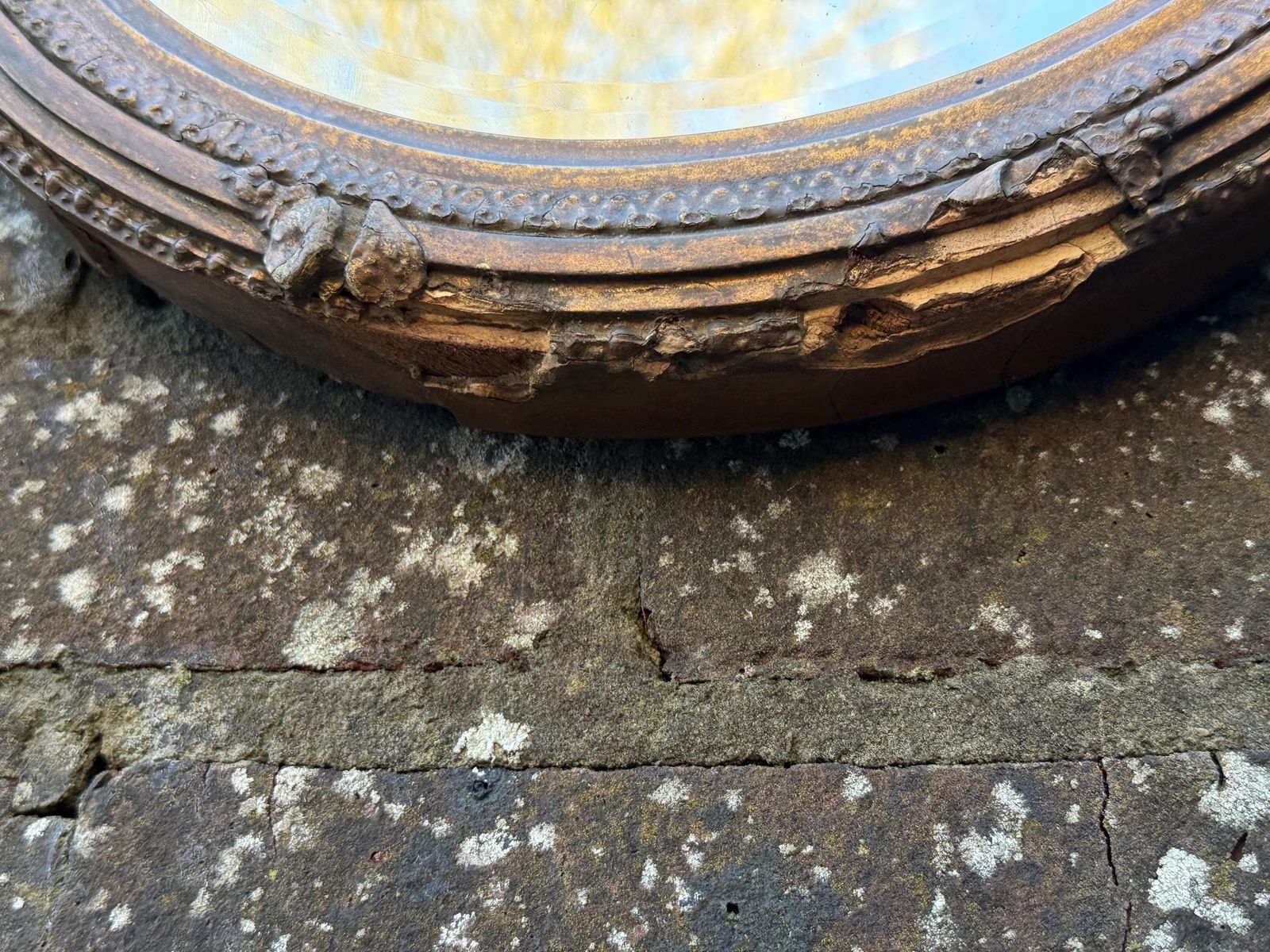 photo for sale Antique Ornate Gesso Gilt Wall Mirror With Ornate Crest Detail And Shabbied Finish