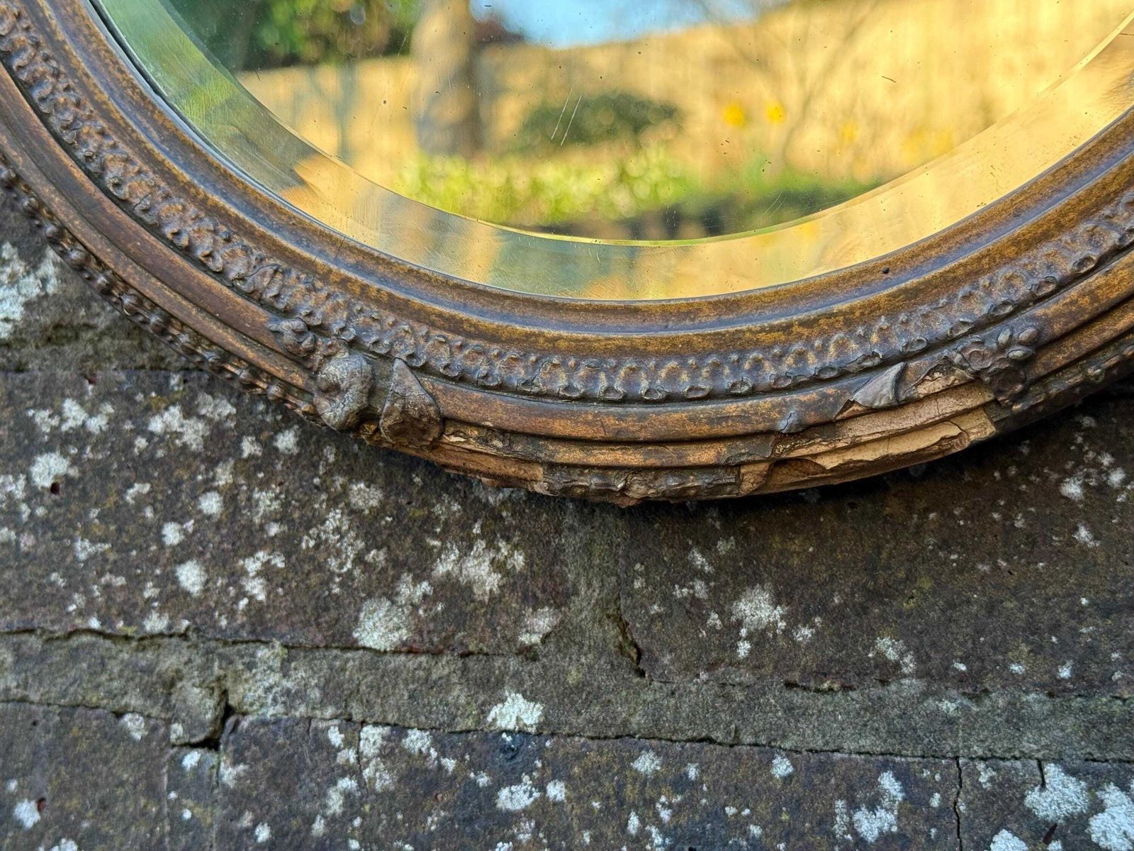 Home Decor Antique Ornate Gesso Gilt Wall Mirror With Ornate Crest Detail And Shabbied Finish photo