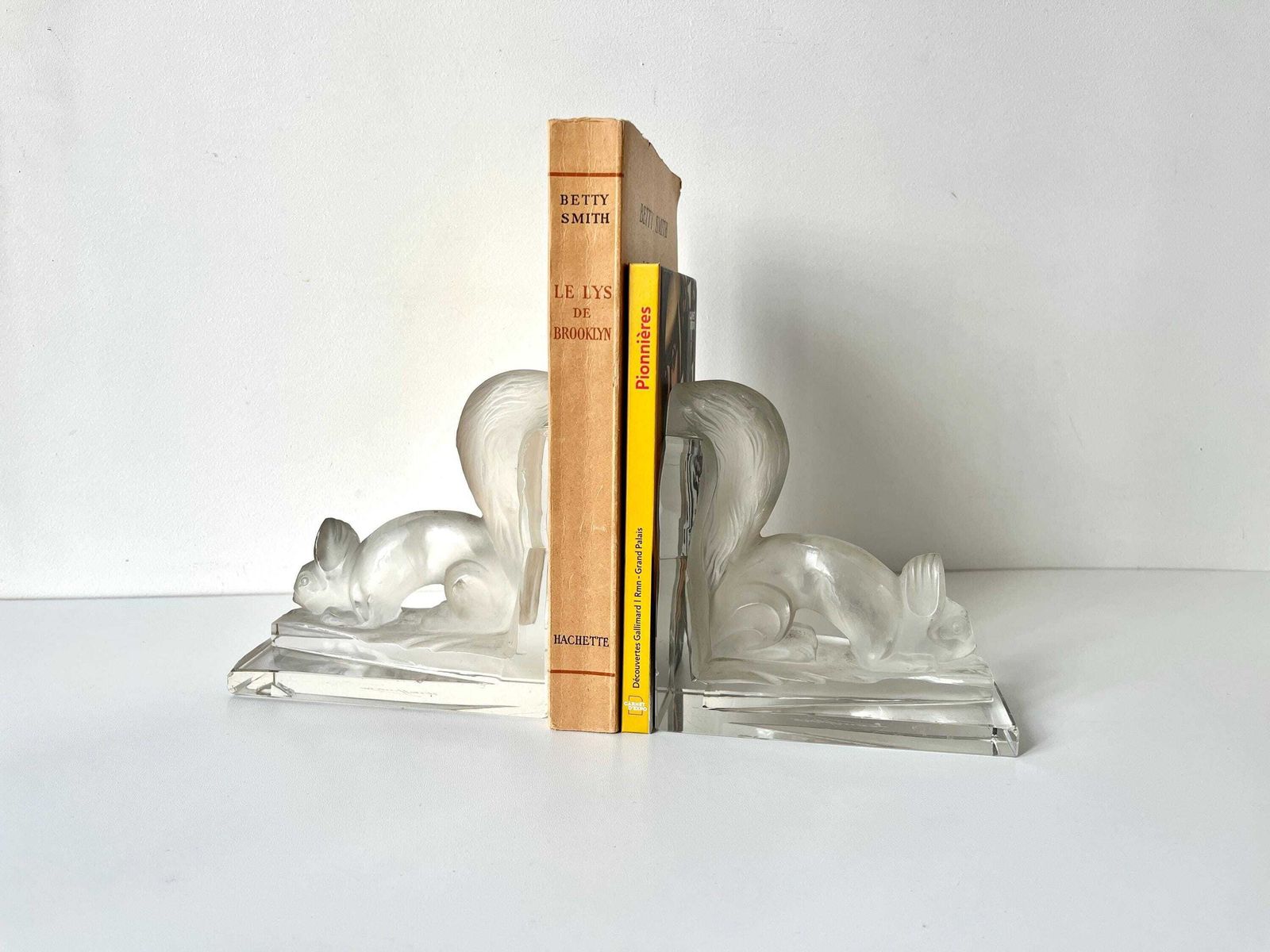 Antique Pair Of 1930s Squirrel Bookends Signed H.Hoffmann, Czech Frosted And Clear Glass Paperweights photo furniture