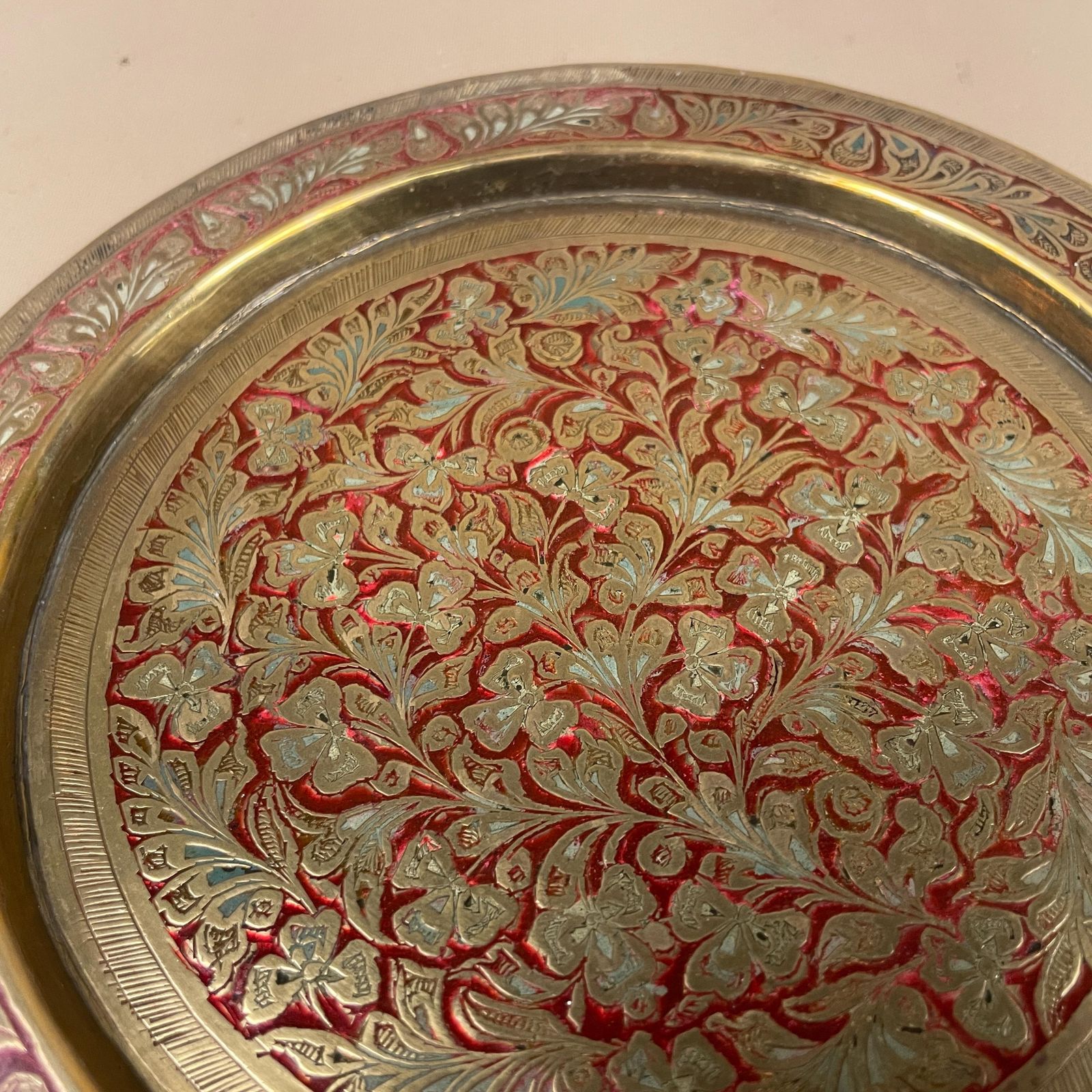 Set Of 2 Antique Metal Gold Indian Patterned Brass Tray 18cm Plate Handmade Etched Intricate Decorative Patterned Wall Art Round Vintage photo buy