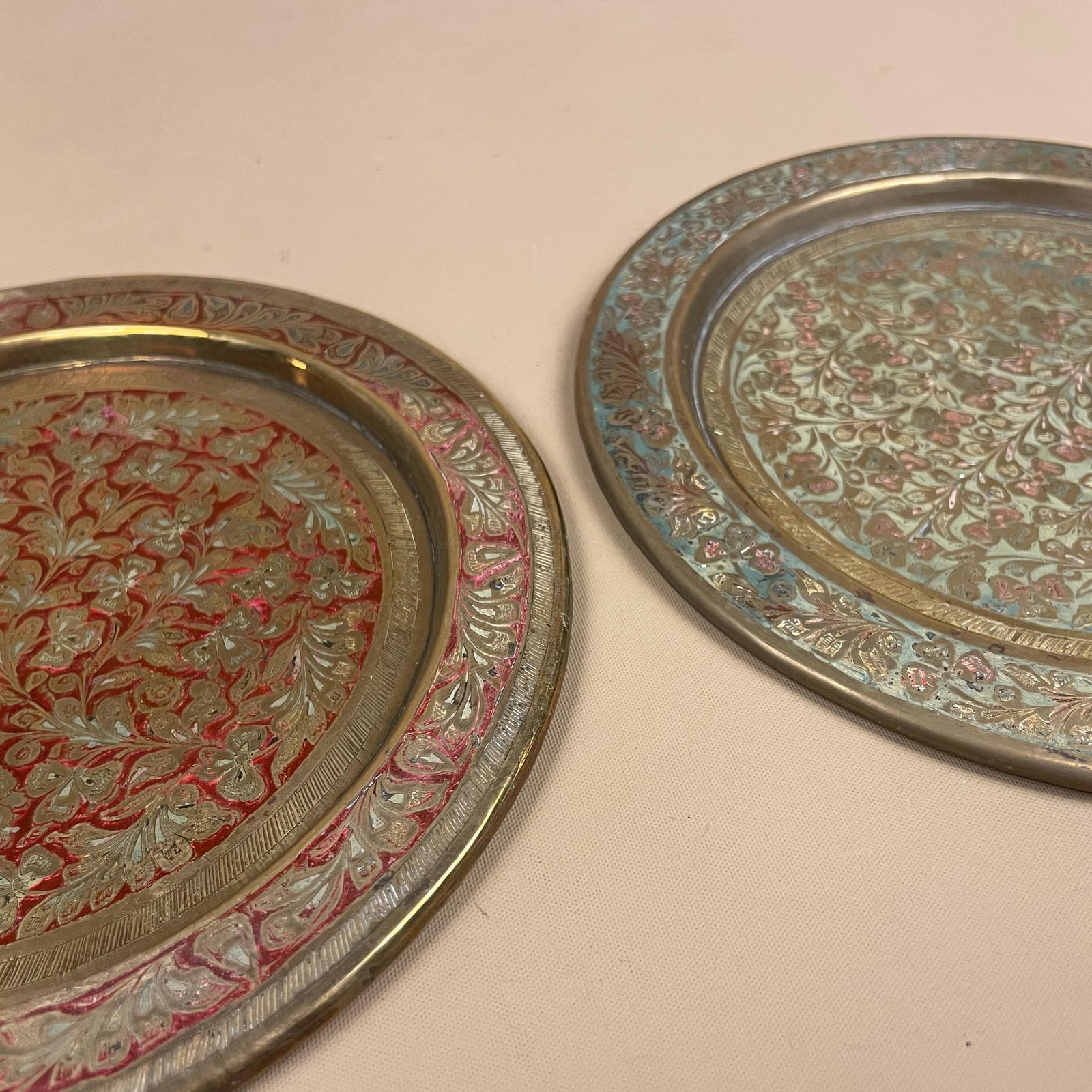 Set Of 2 Antique Metal Gold Indian Patterned Brass Tray 18cm Plate Handmade Etched Intricate Decorative Patterned Wall Art Round Vintage photo vintage