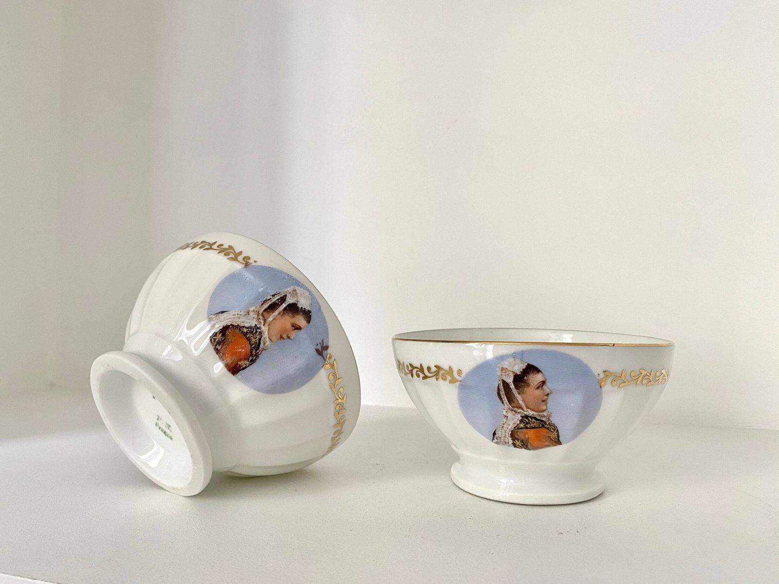 Set Of Two 60s French Porcelain Bowls, Woman In Brittany Suit