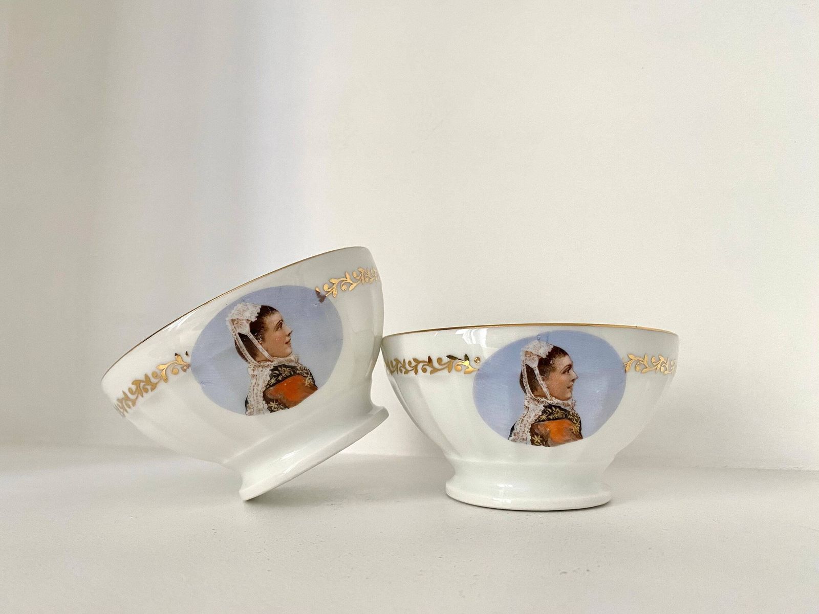 Set Of Two 60s French Porcelain Bowls, Woman In Brittany Suit photo for sale