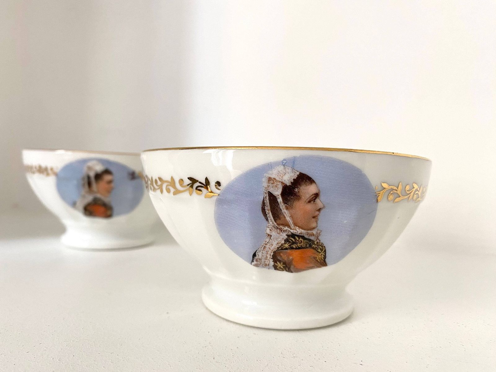 Set Of Two 60s French Porcelain Bowls, Woman In Brittany Suit photo Home Decor