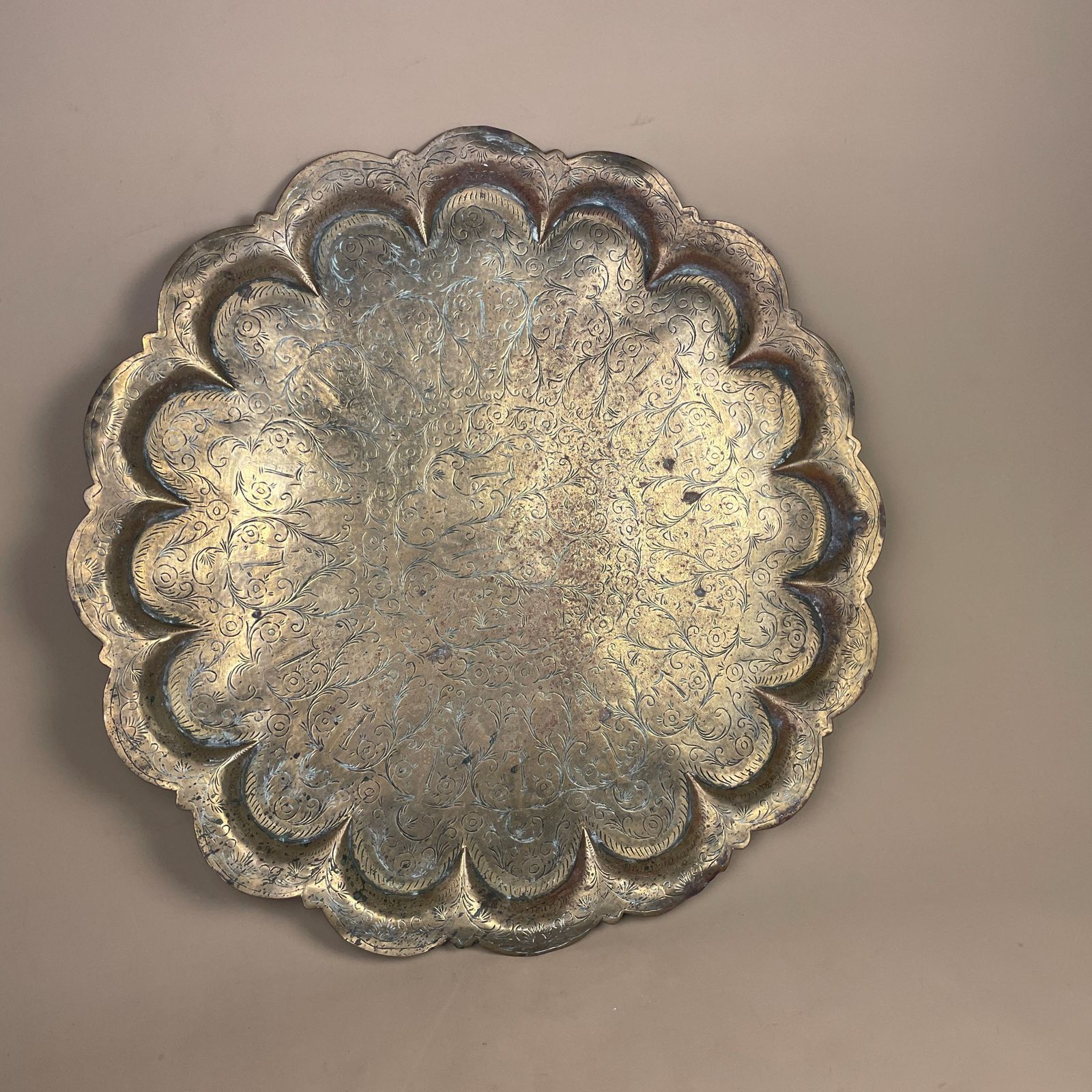 Antique Indian Gold Brass Tea Tray 59cm Large Decorative Circle Round Handmade Etched Intricate Vintage Antique Patterned Metal Circular photo for sale