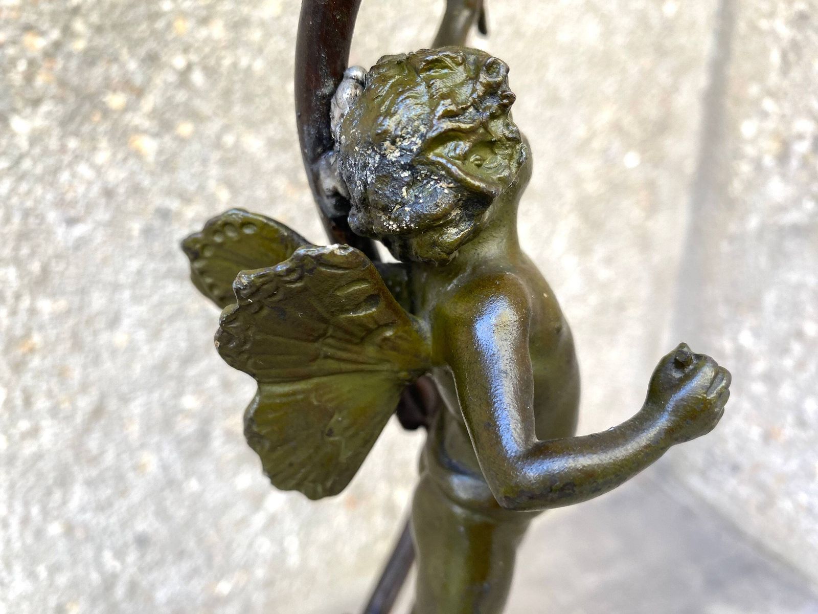 Antique Cherub Lamp In Spelter And Marble From 30s, French Putti Lighting Named "Winning Butterfly" photo Lighting