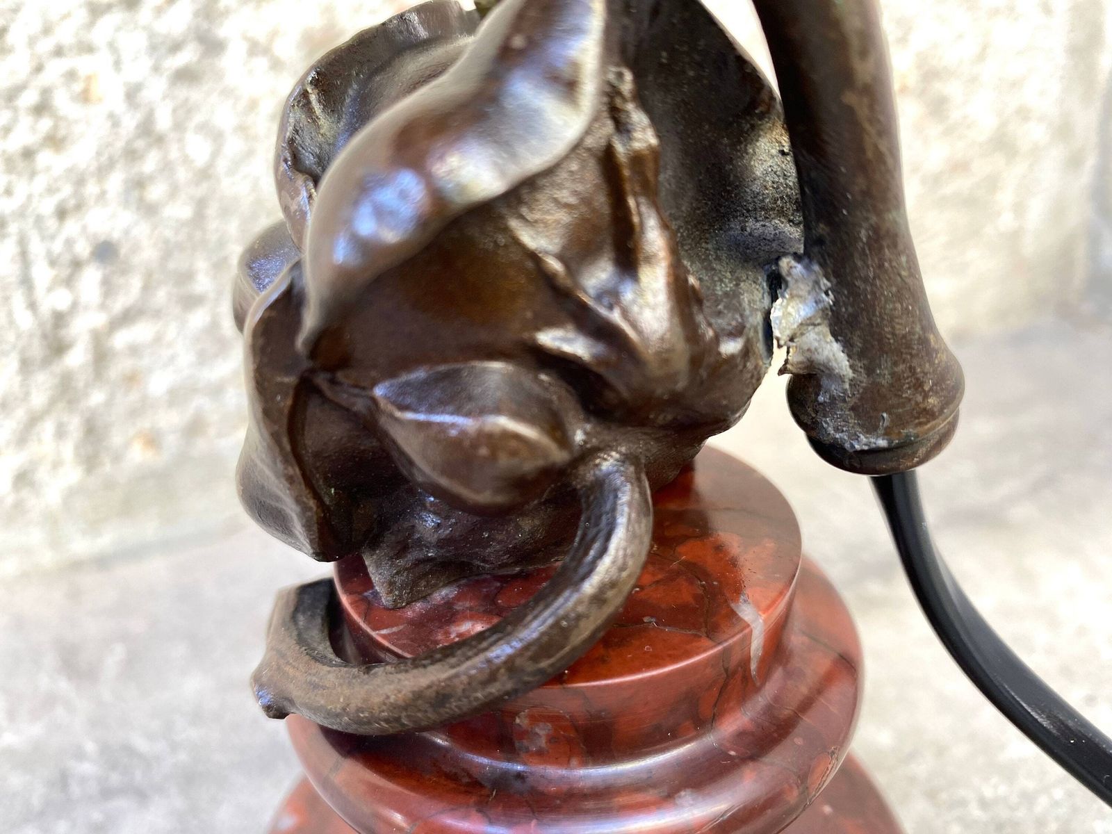 Antique Cherub Lamp In Spelter And Marble From 30s, French Putti Lighting Named "Winning Butterfly" photo buy