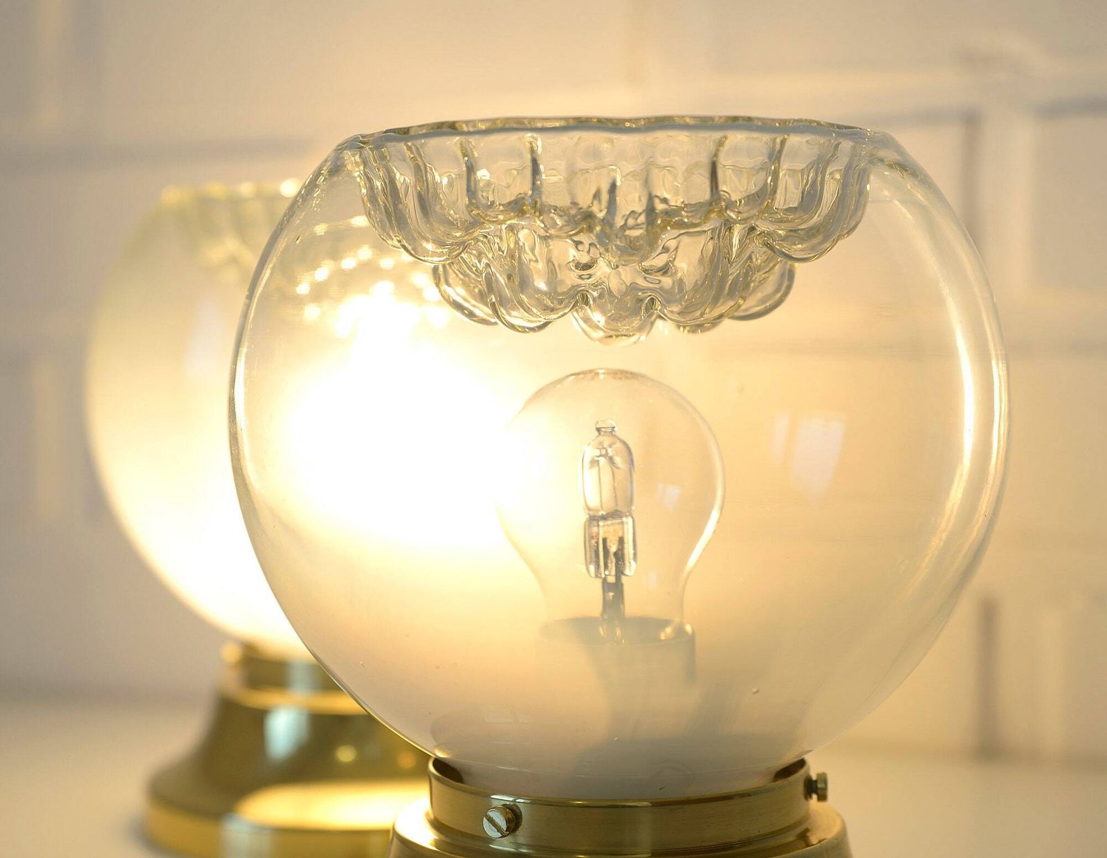 Pair Of Vintage Sconces / Murano Mazzega Hand Blown Glass / Brass Light Fixtures / Flush Mount Lamps photo Lighting