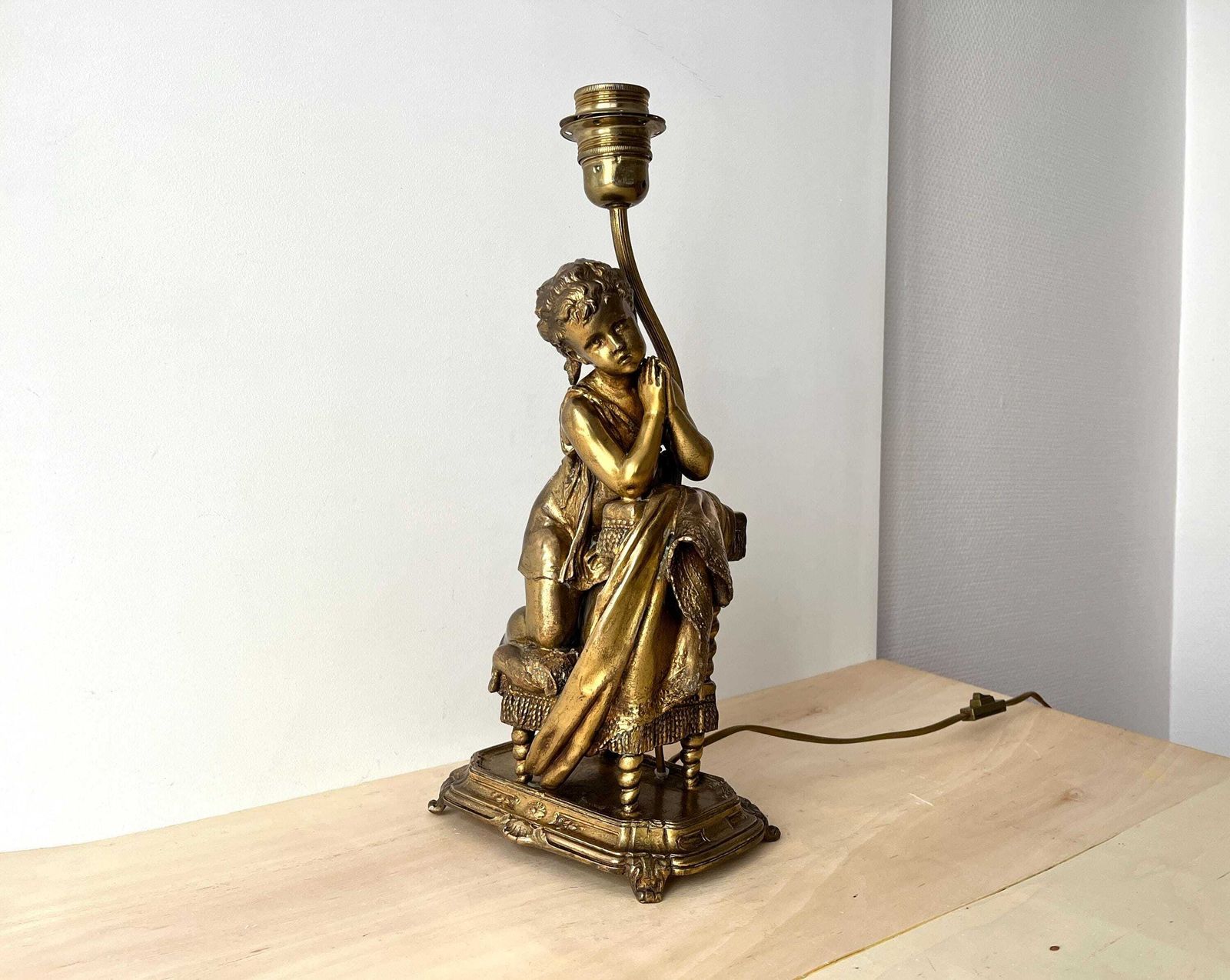 Antique Bronze Lamp " The Little Girl On A Prayer Chair" From 1900s, French Precious Lighting photo for sale