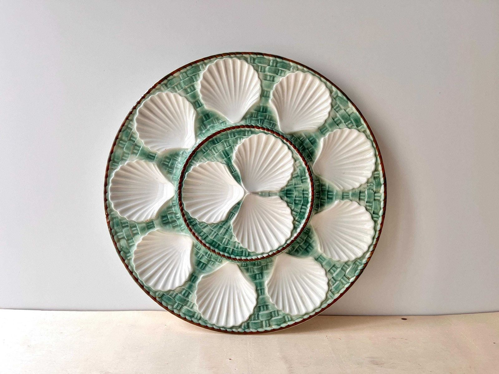 French Oyster Dish By Longchamp France 60s, Vintage Green Majolica, Large Seafood Plate
