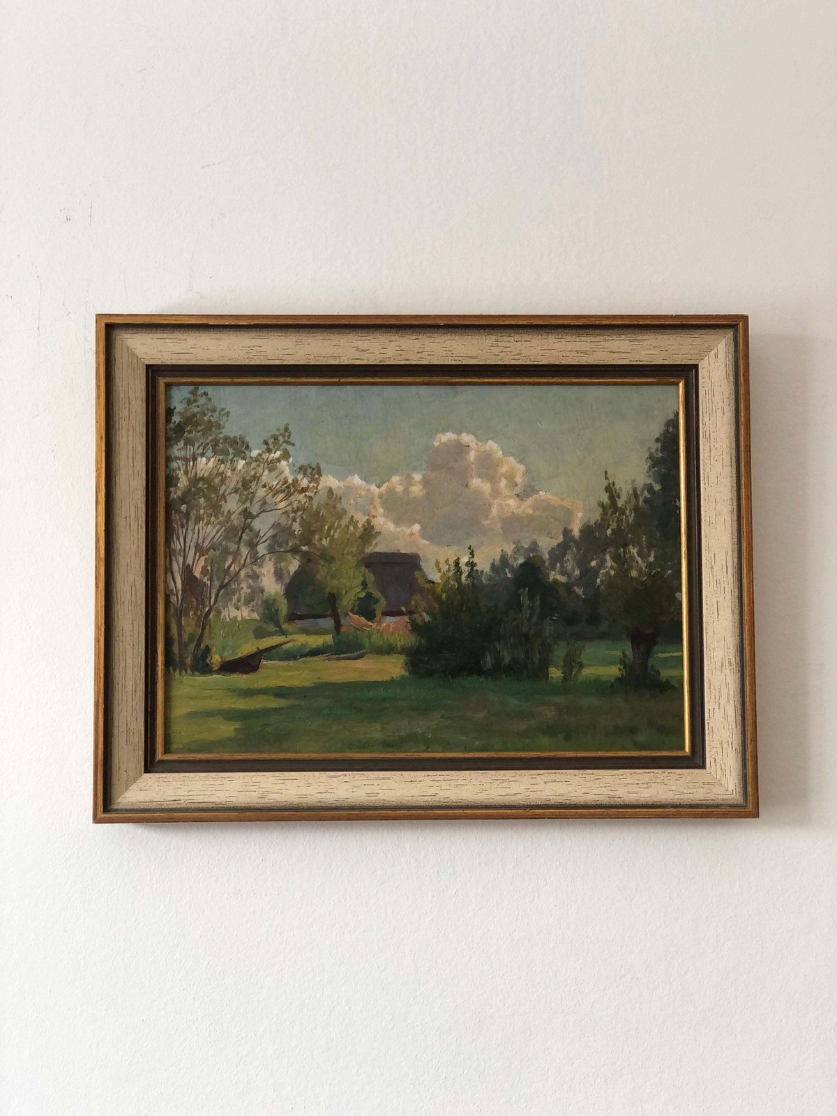 Antique Original Oil Painting Of A Cottage Landscape, C. 1925
