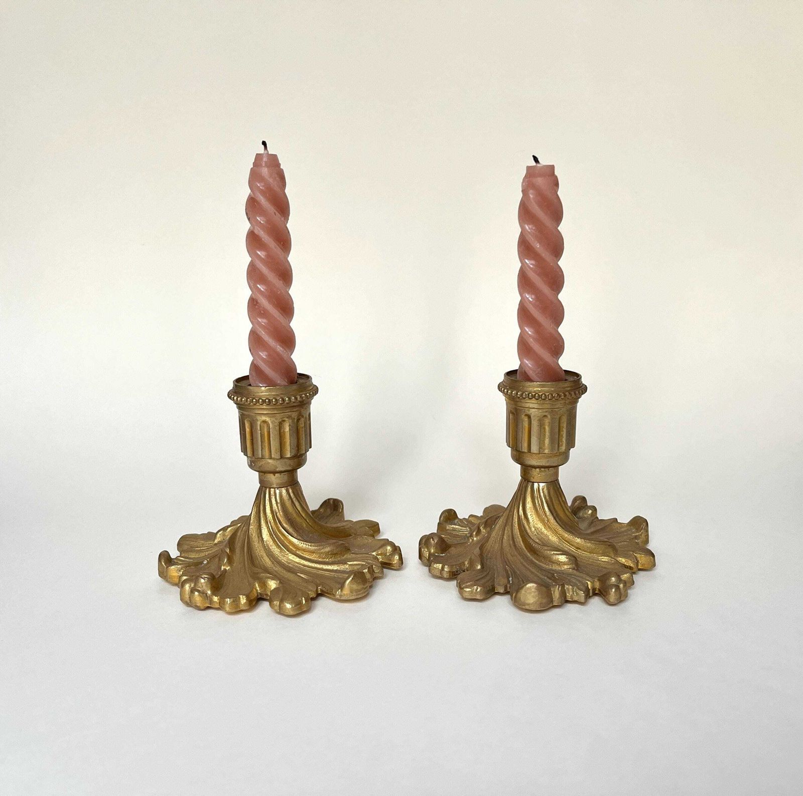 Antique Pair Of Candle Holders In Gilded Metal, Vintage 50s Candlesticks photo for sale