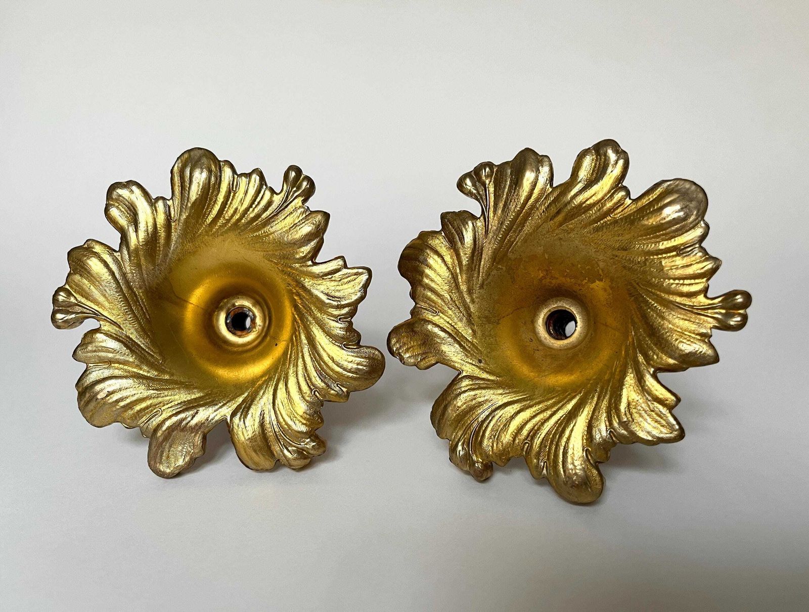 Antique Pair Of Candle Holders In Gilded Metal, Vintage 50s Candlesticks photo vinterior