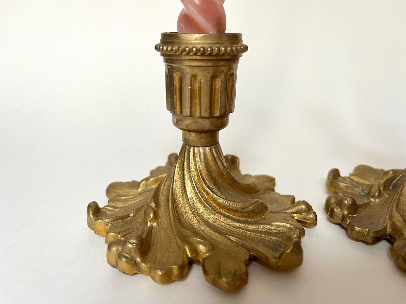 Antique Pair Of Candle Holders In Gilded Metal, Vintage 50s Candlesticks photo vintage