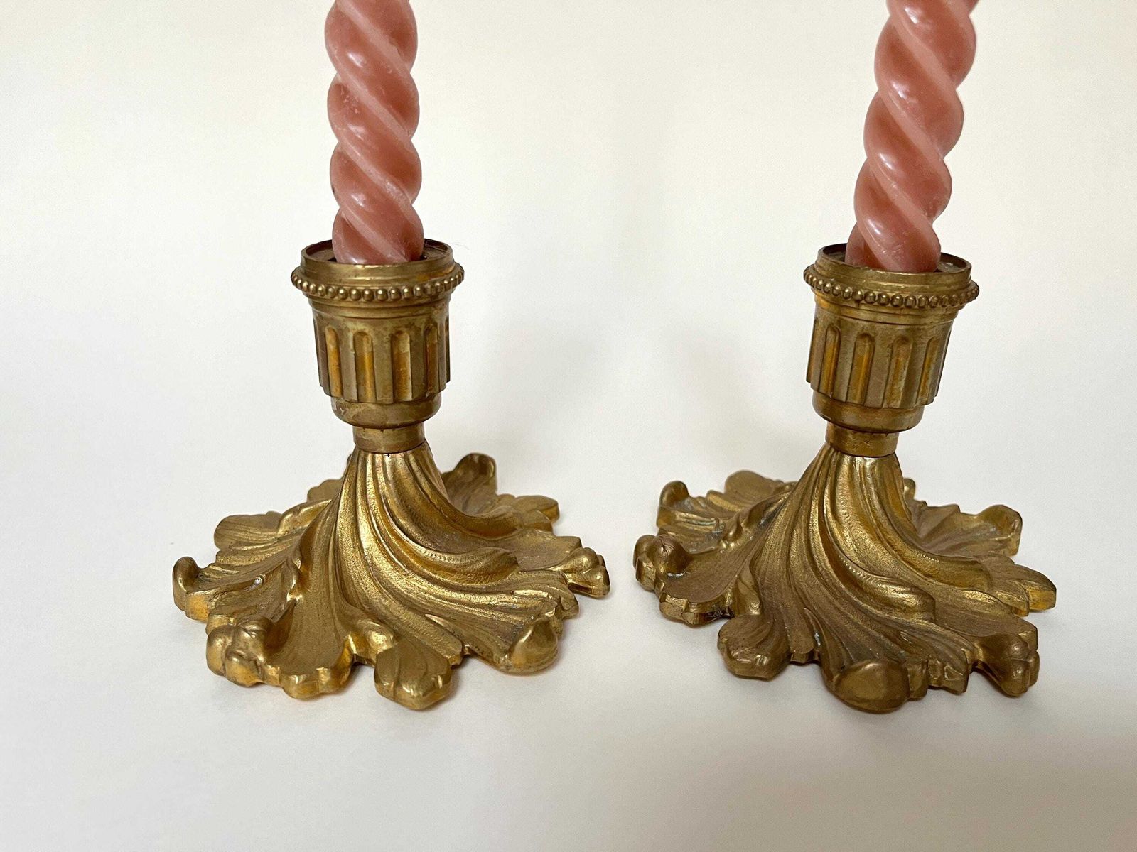photo furniture Antique Pair Of Candle Holders In Gilded Metal, Vintage 50s Candlesticks