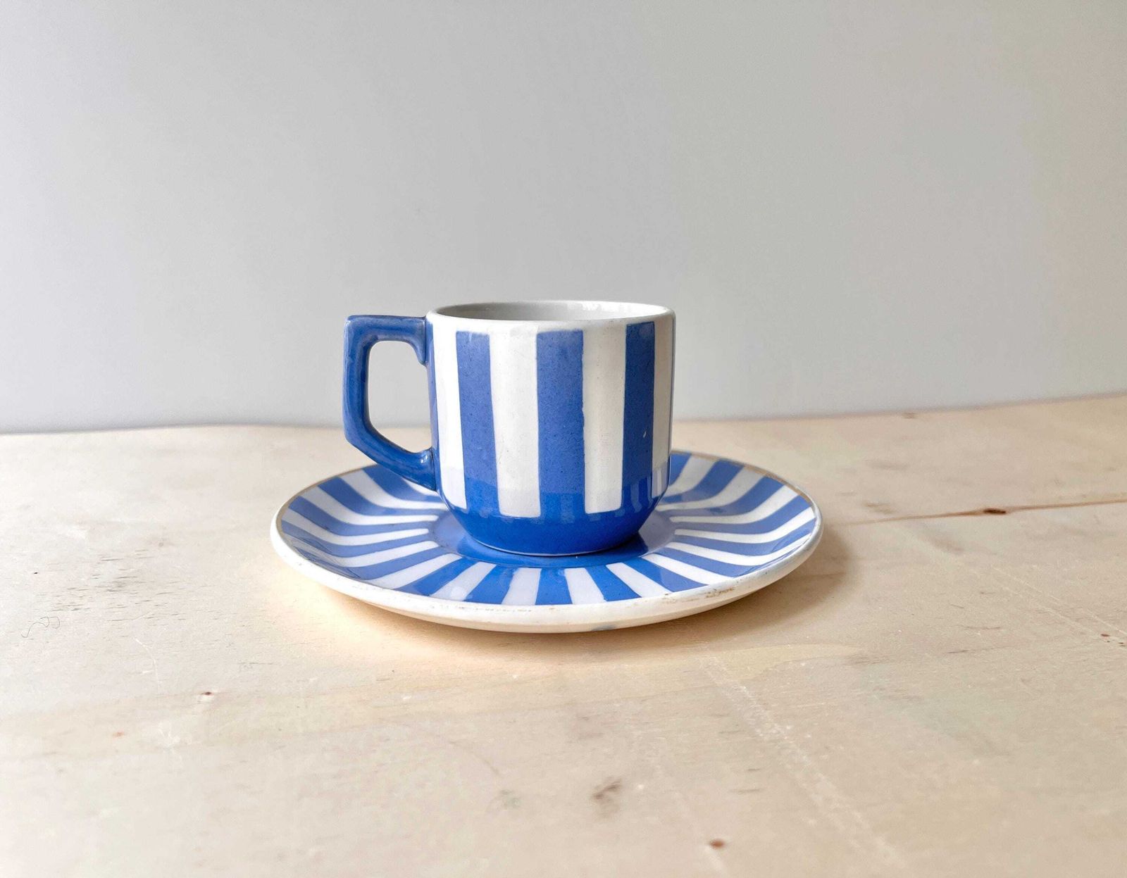French Art Deco Espresso Teacup + Saucer, Fox Trott Sarreguemines France 1930s, Antique Blue Stripes Earthenware Tableware