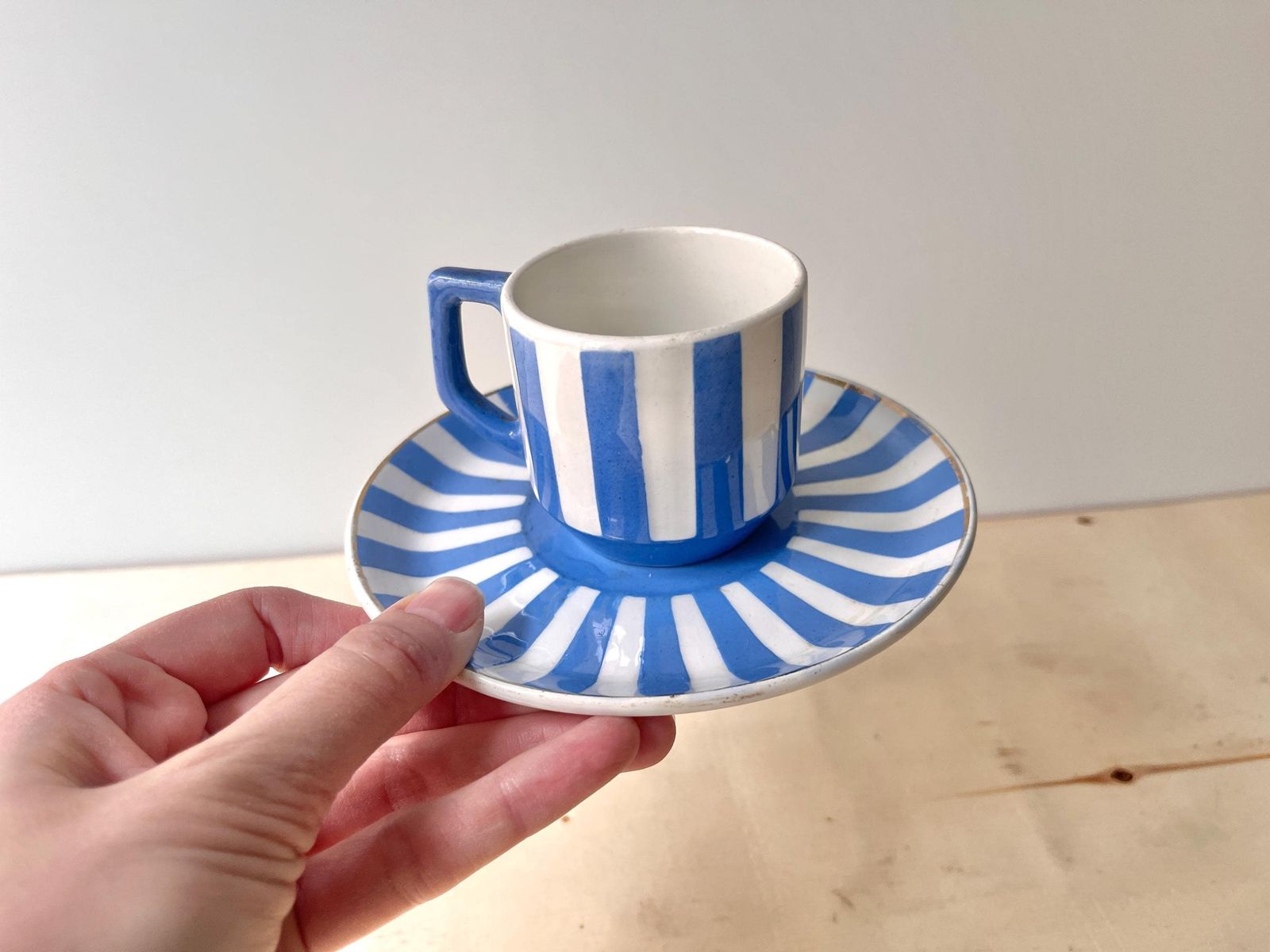 French Art Deco Espresso Teacup + Saucer, Fox Trott Sarreguemines France 1930s, Antique Blue Stripes Earthenware Tableware photo for sale