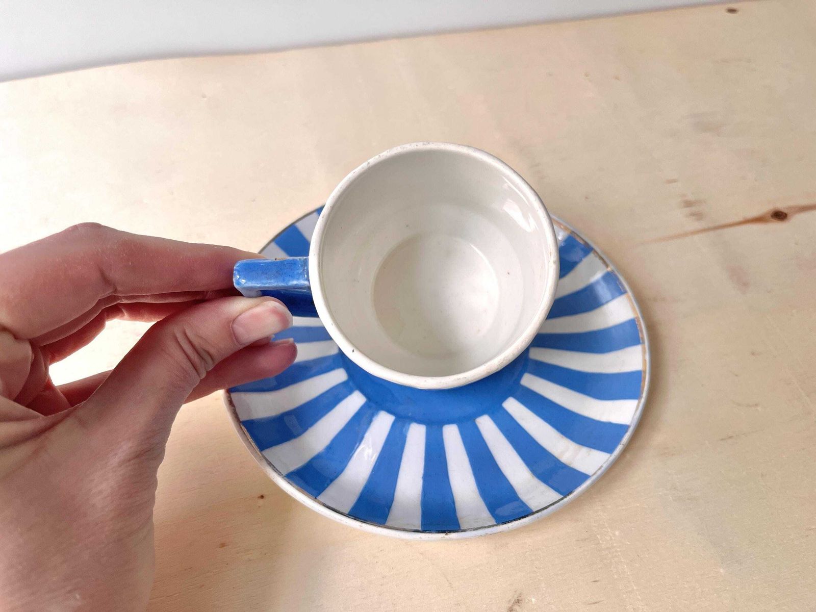 French Art Deco Espresso Teacup + Saucer, Fox Trott Sarreguemines France 1930s, Antique Blue Stripes Earthenware Tableware photo 98.0