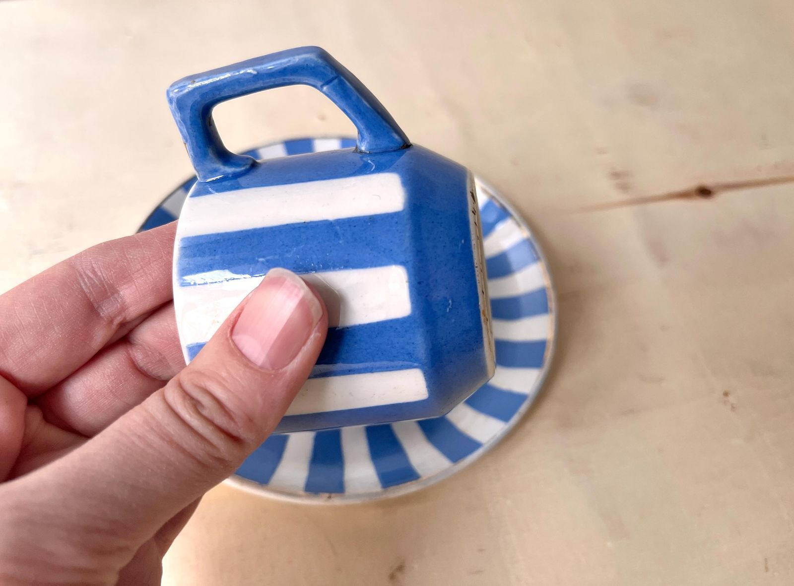 French Art Deco Espresso Teacup + Saucer, Fox Trott Sarreguemines France 1930s, Antique Blue Stripes Earthenware Tableware photo buy
