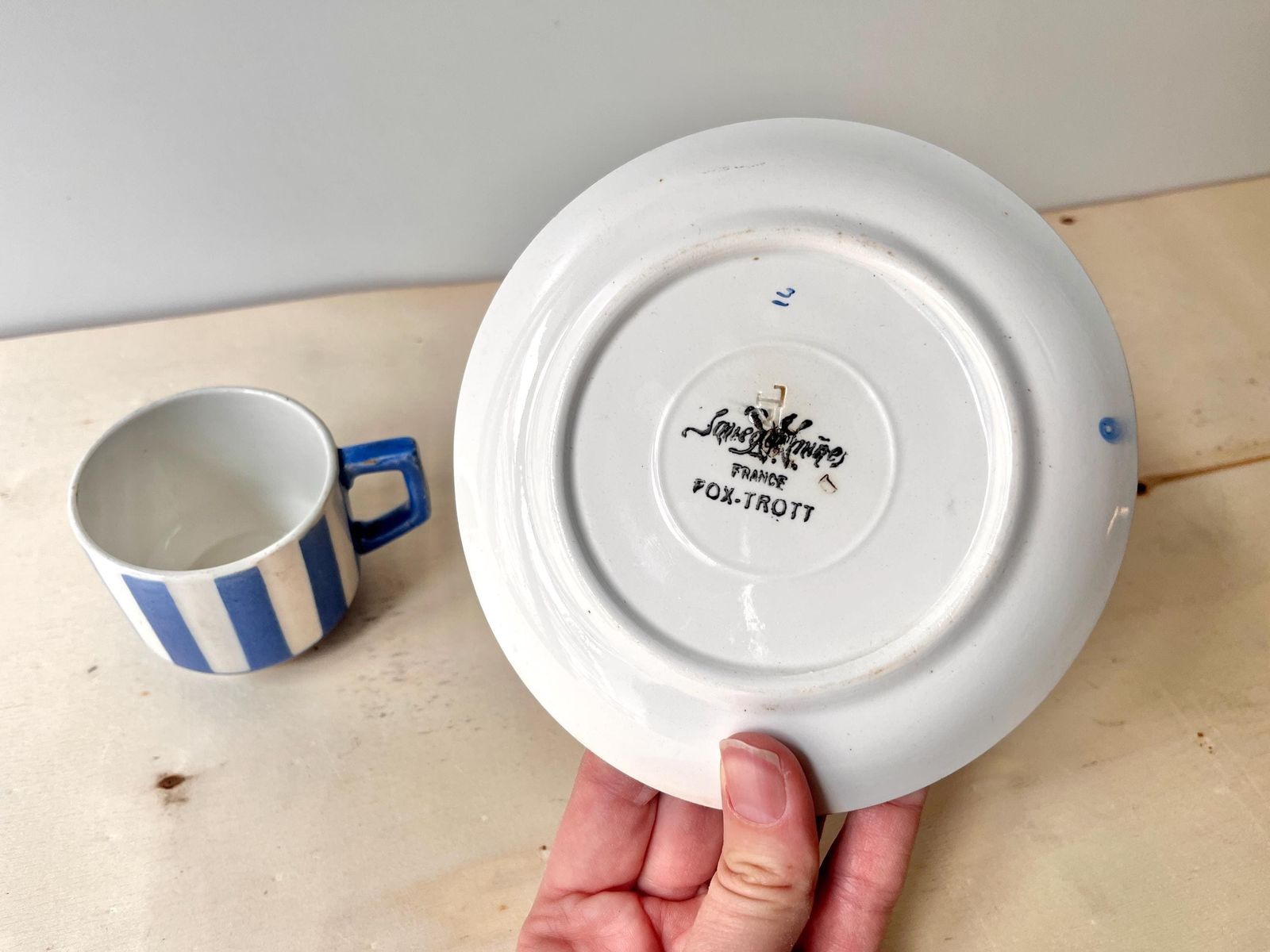 98.0 French Art Deco Espresso Teacup + Saucer, Fox Trott Sarreguemines France 1930s, Antique Blue Stripes Earthenware Tableware photo