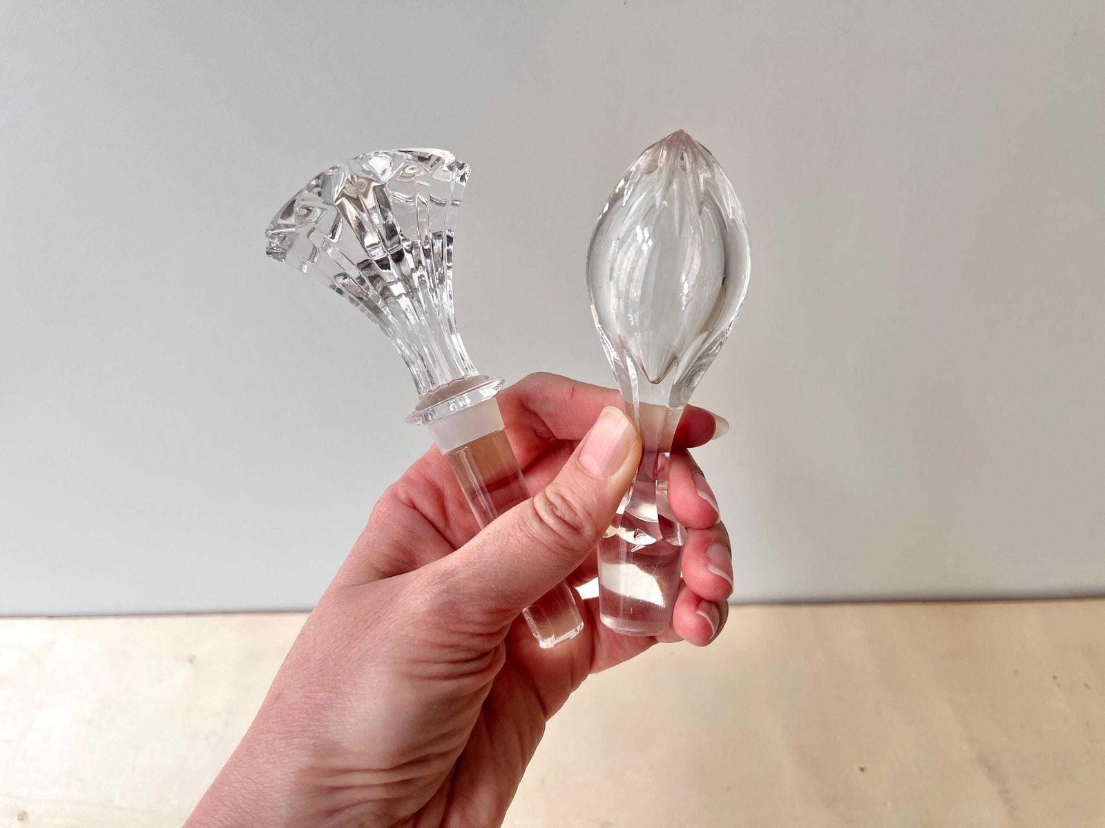 Set Of 2 French Antique Cristal Decanter Stoppers, Vintage 1940's Clear Glass Stoppers