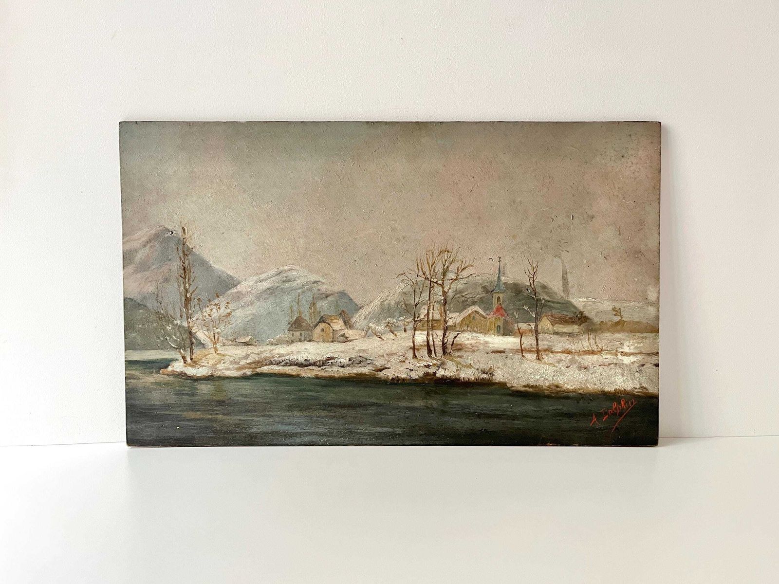 Original 1930's Oil On Panel Of A Village Under The Snow, Ancient Lake And French Winter Landscape