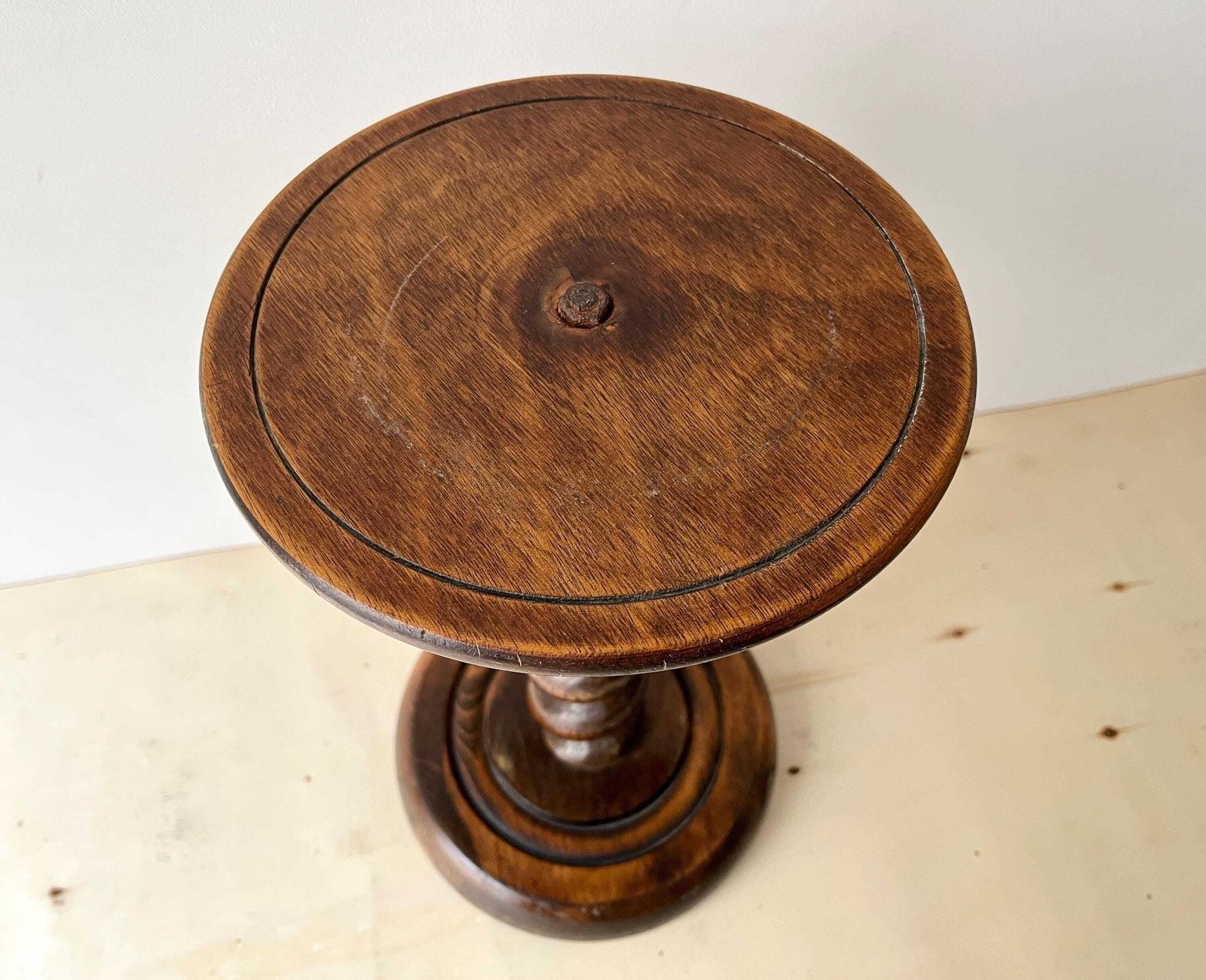 Midcentury French Turned Wood Pedestal Table, Vintage Twist Bedside Table, Wooden Plant Holder photo vintage