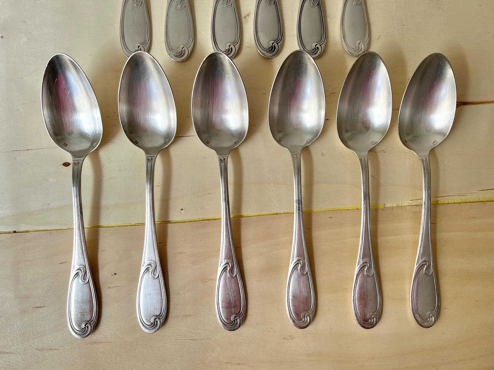 Art Nouveau Cutlery Set Of 12 Pieces In Silver Metal 1900's, Antique French Tableware By "A La Gerbe D'or" photo for sale