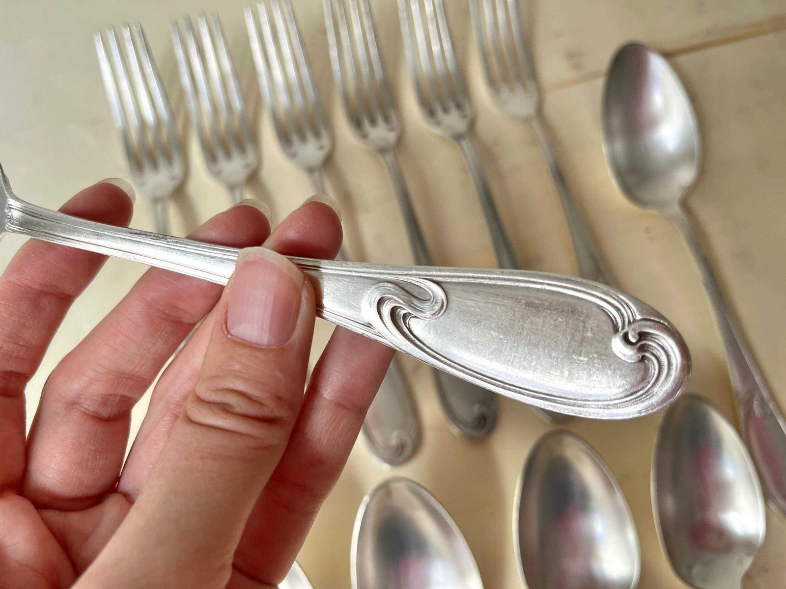 Art Nouveau Cutlery Set Of 12 Pieces In Silver Metal 1900's, Antique French Tableware By "A La Gerbe D'or" photo Home Decor