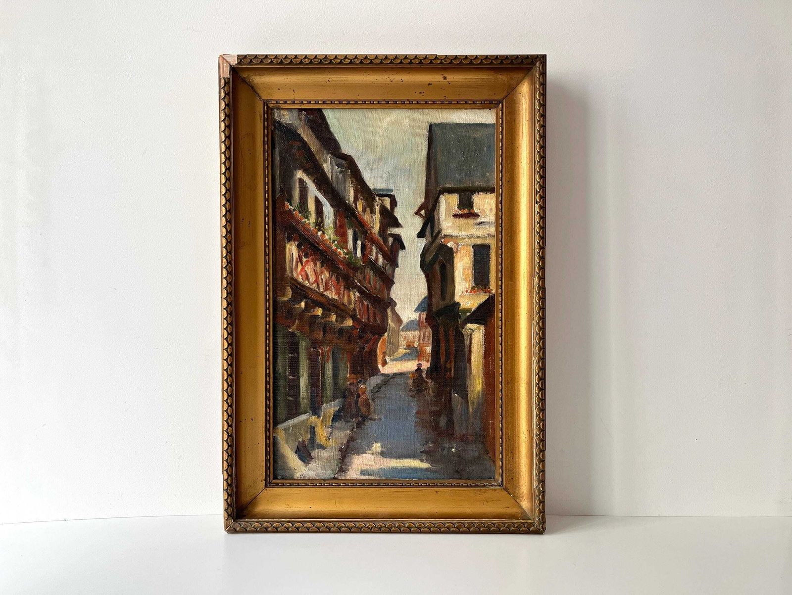 Original 1930s Oil On Panel Of An Alsacian Street View, Antique Painting Of A French Landscape