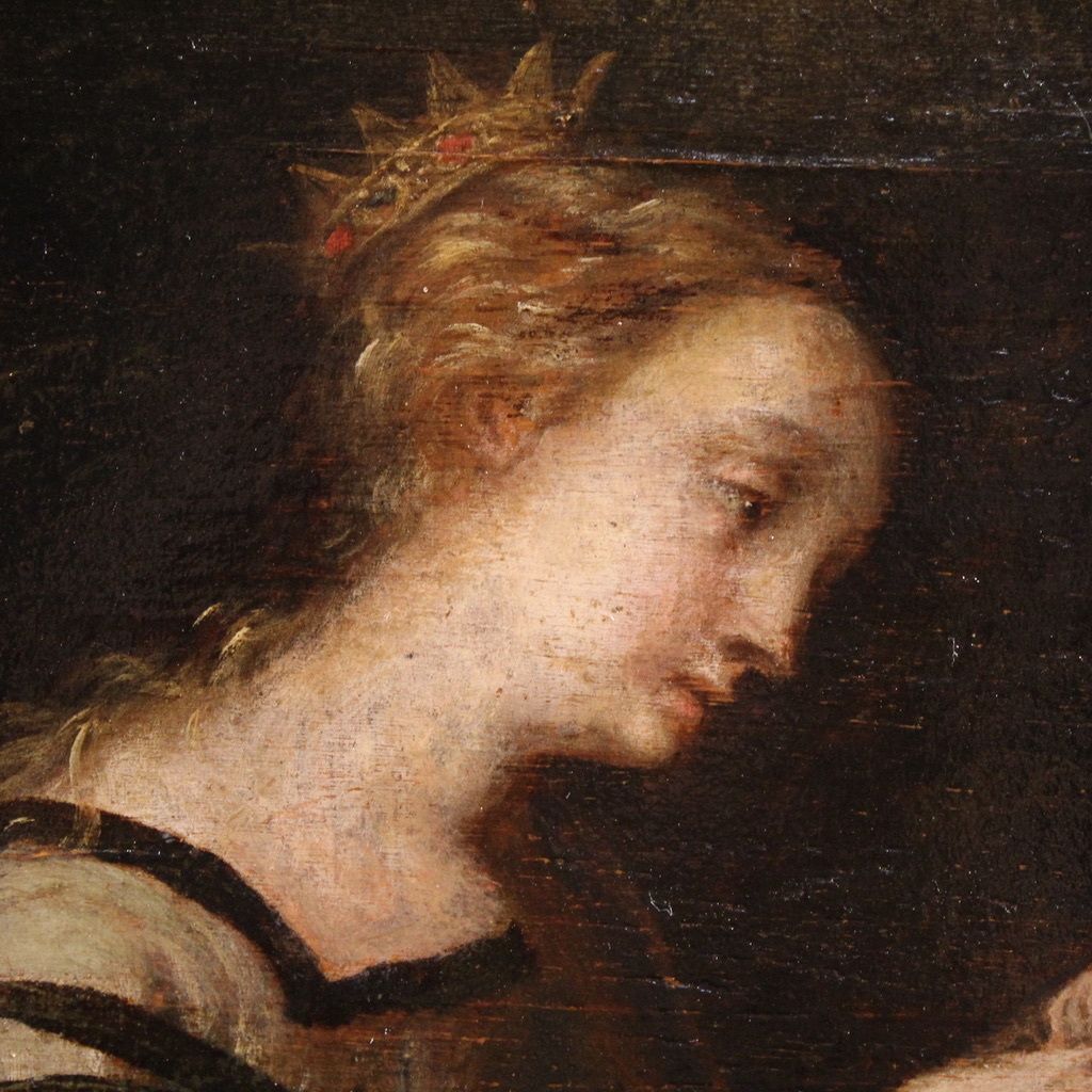 photo furniture Antique 17th Century Painting On Panel, Mystical Marriage Of Saint Catherine Of Alexandria