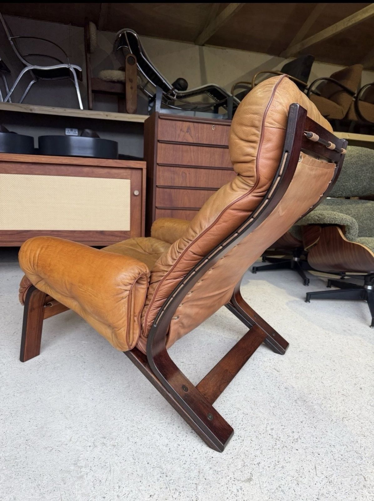 Mid Century Norwegian Tan Leather Lounge Chair By Oddvin Rykken photo vintage