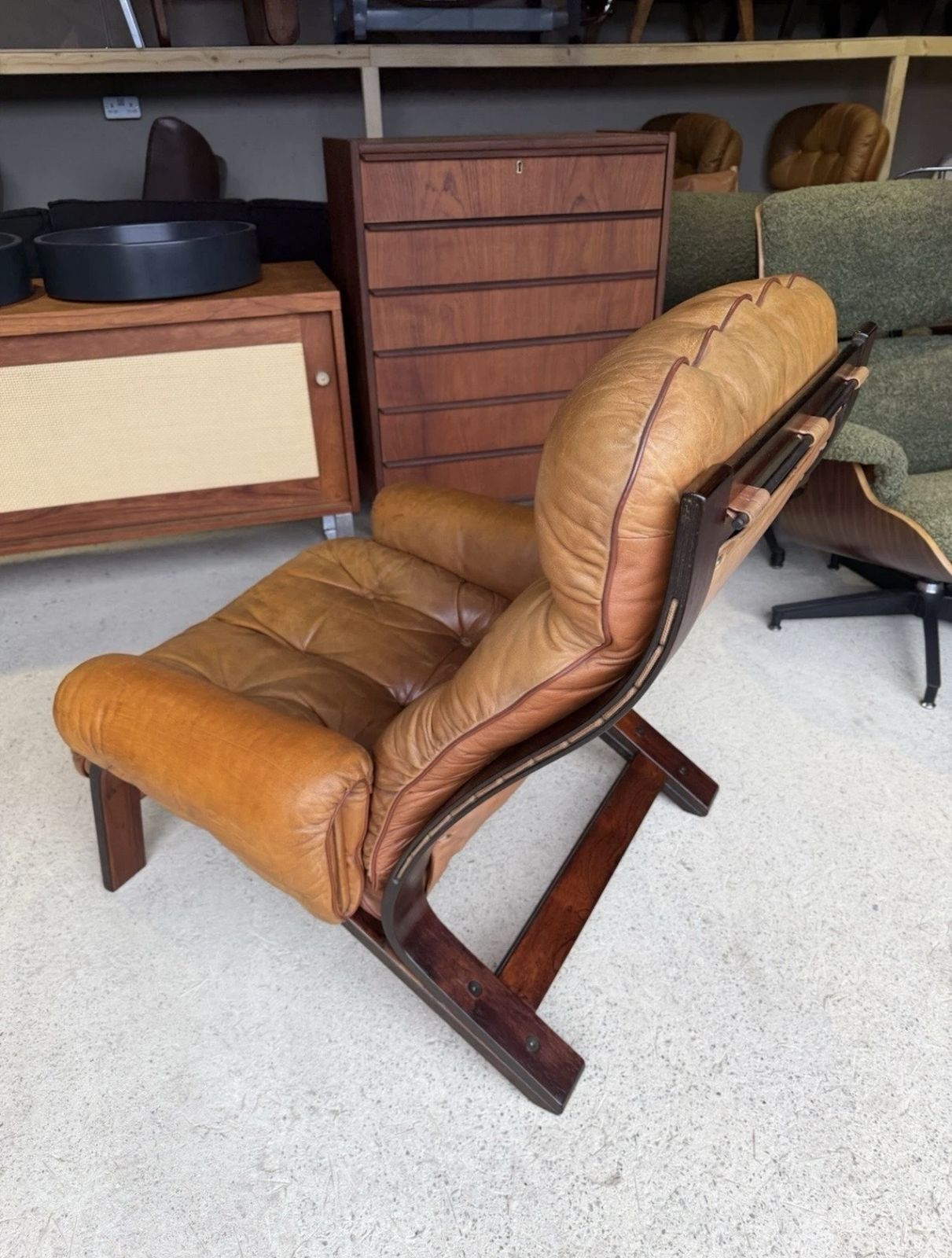 photo furniture Mid Century Norwegian Tan Leather Lounge Chair By Oddvin Rykken