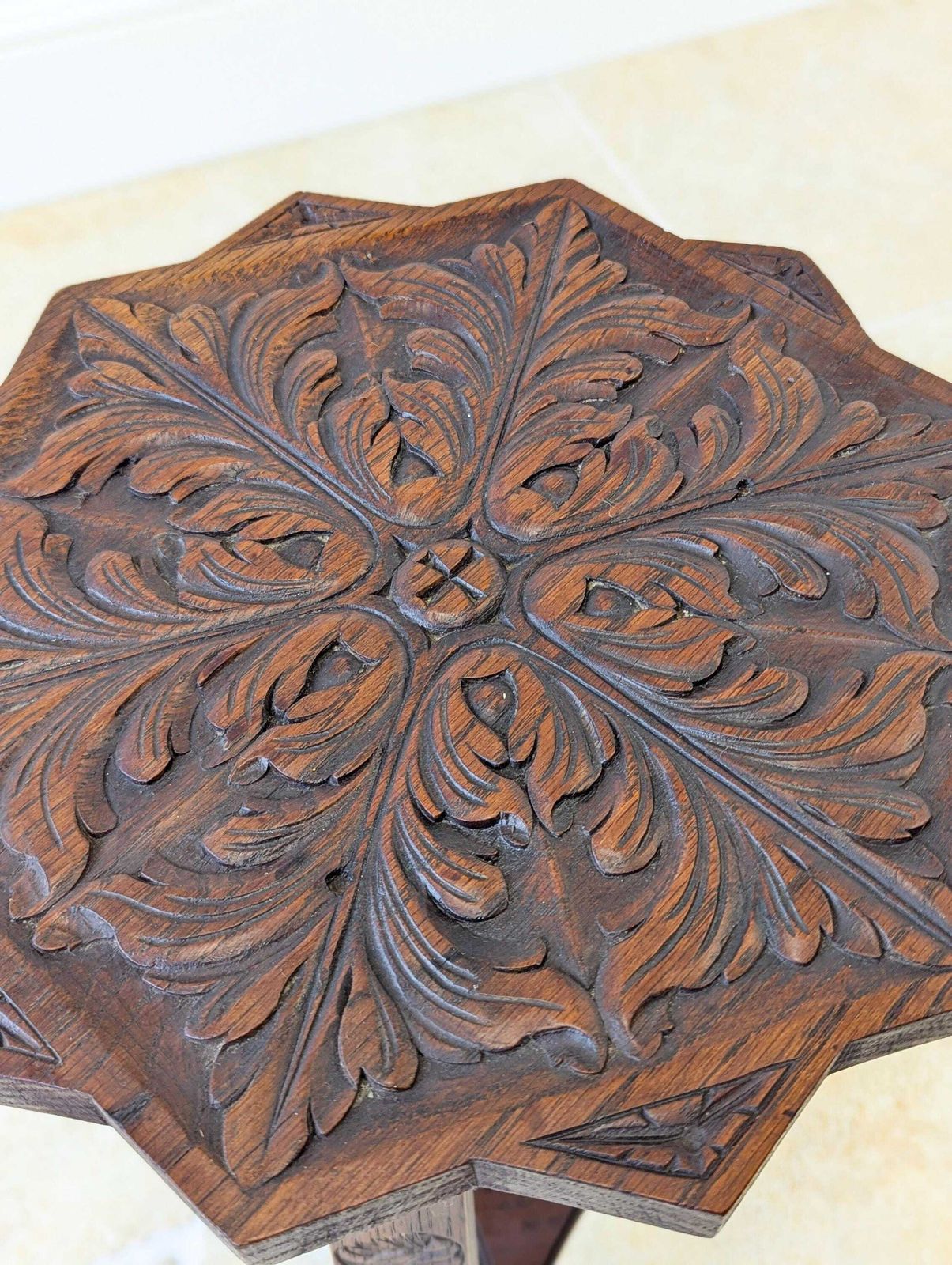 495.0 Antique Early 20th Century Carved Oak Commemorative Occasional Table C.1920 photo