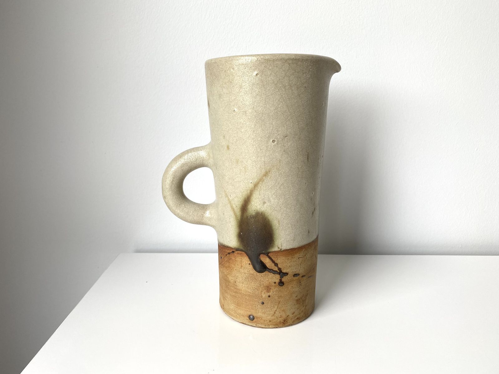 Enamelled Stoneware Pitcher Of The Poterie De La Colombe, French Ceramics By Madeleine Brault, Vintage Pottery Of The 50s