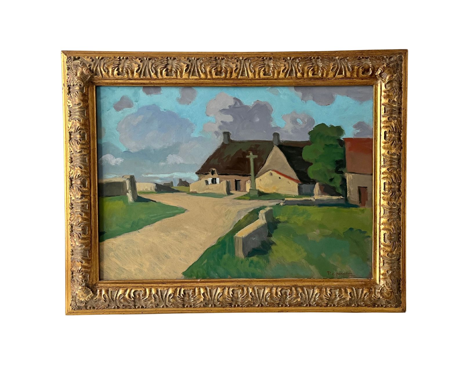 Original 1950s Large Oil On Panel Of A French Brittany Village, Antique Framed Landscape Painting