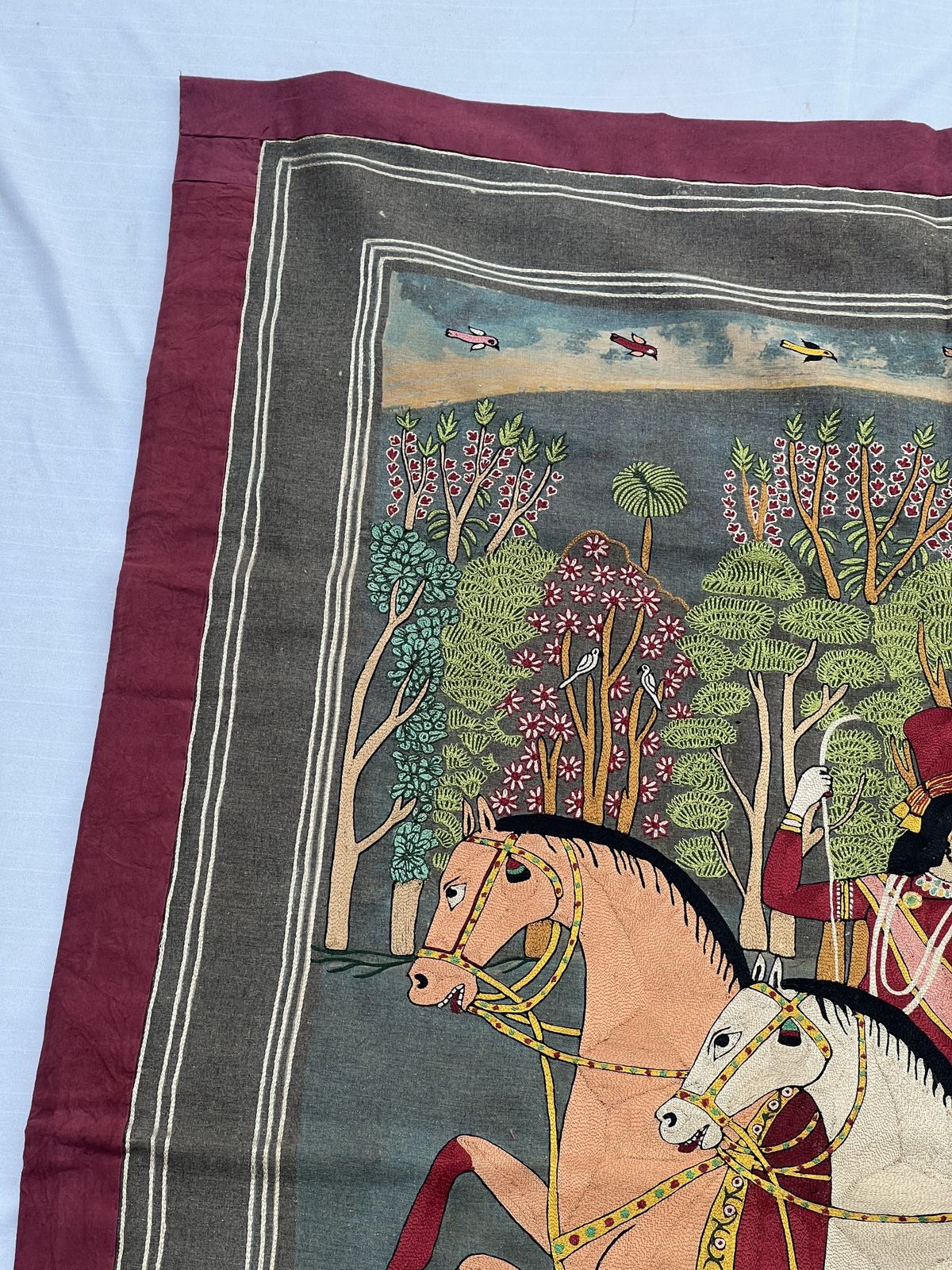 Hand Embroidered Royal Horse Riders  Jhansi Vali Rani Tapestry | Rare Vintage Mughal Indian Textile| Eco Friendly Vegetable Dyes Circa 1980s photo for sale