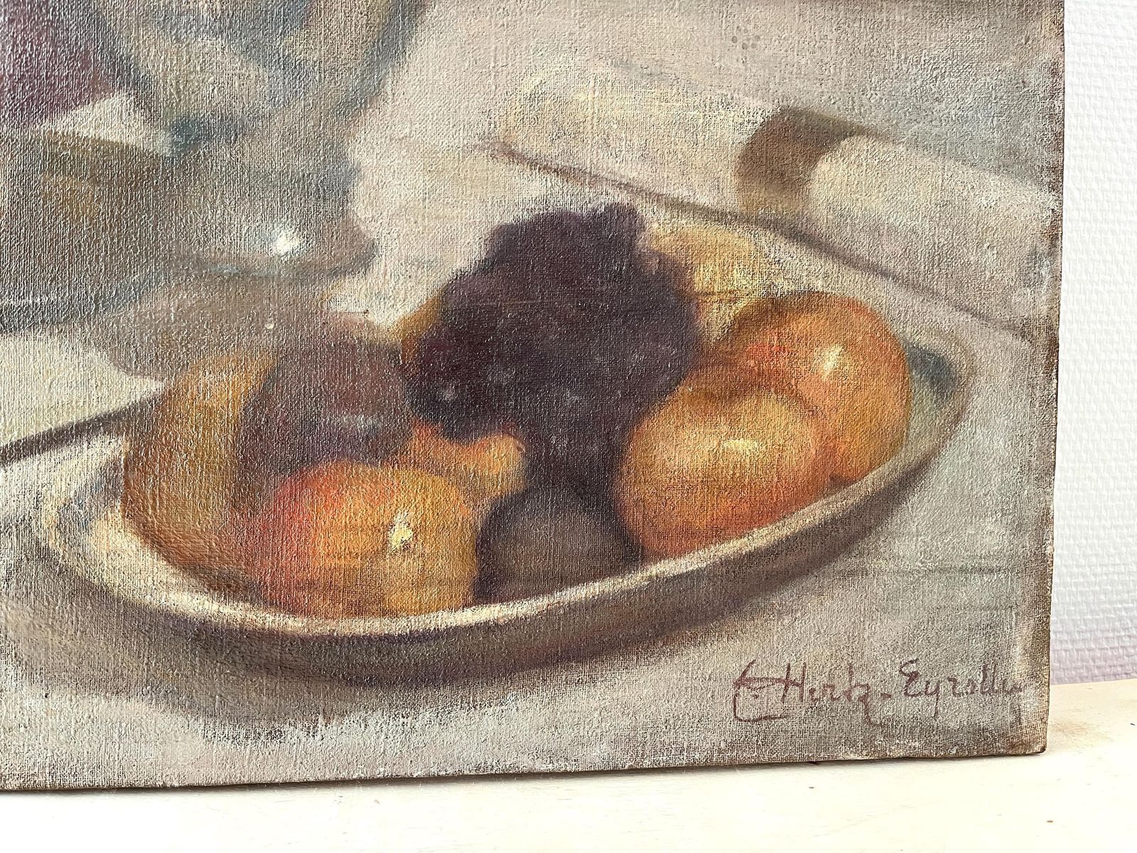 Original 1930's Oil On Canvas "The Fruit Dish", Antique French Painting, Fruits And Decanter Signed Still Life photo for sale