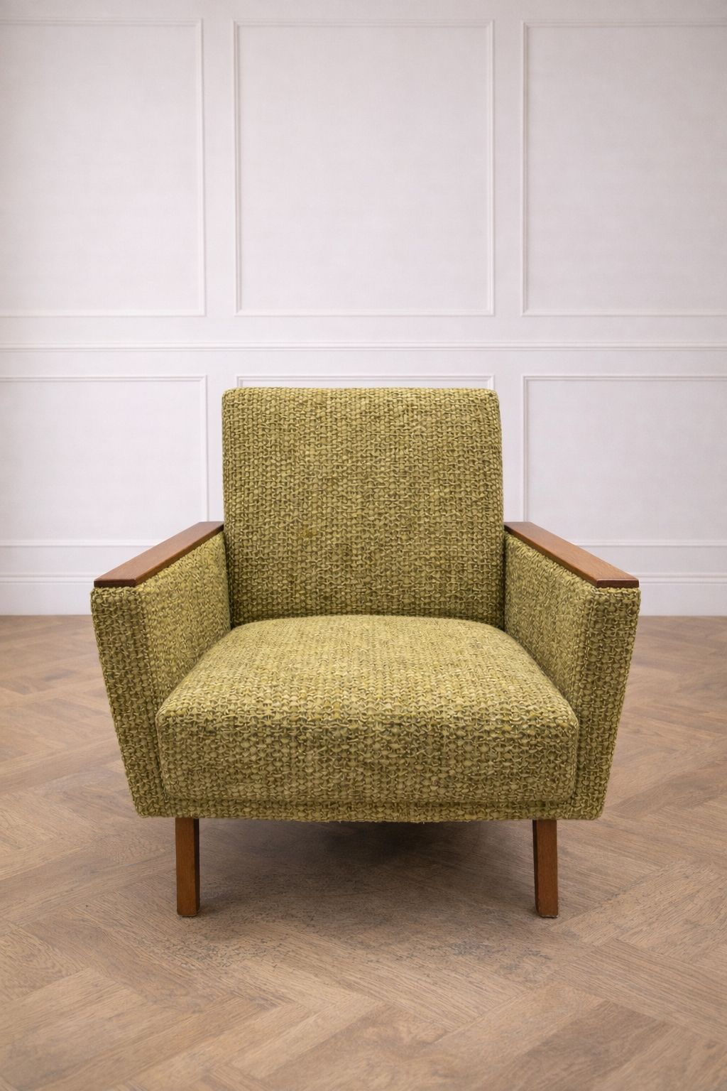 Pair Of 1960s Scandinavian Modern Lounge Armchairs In Moss Green Bouclé And Teak photo for sale