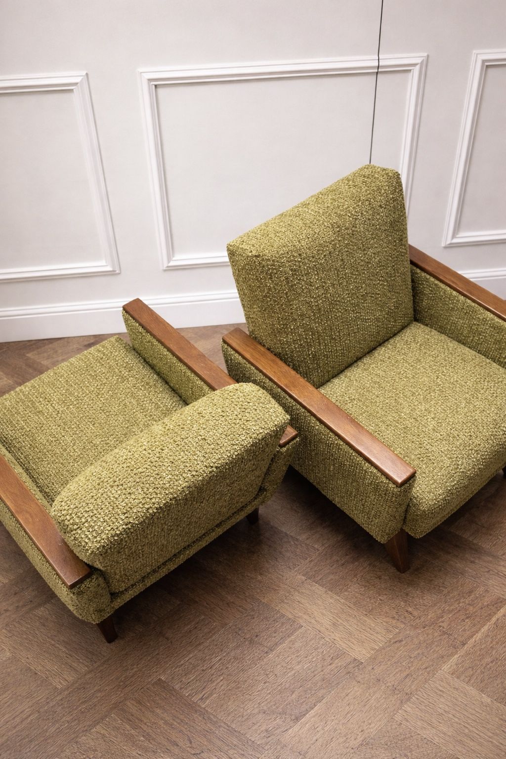 Pair Of 1960s Scandinavian Modern Lounge Armchairs In Moss Green Bouclé And Teak photo vintage