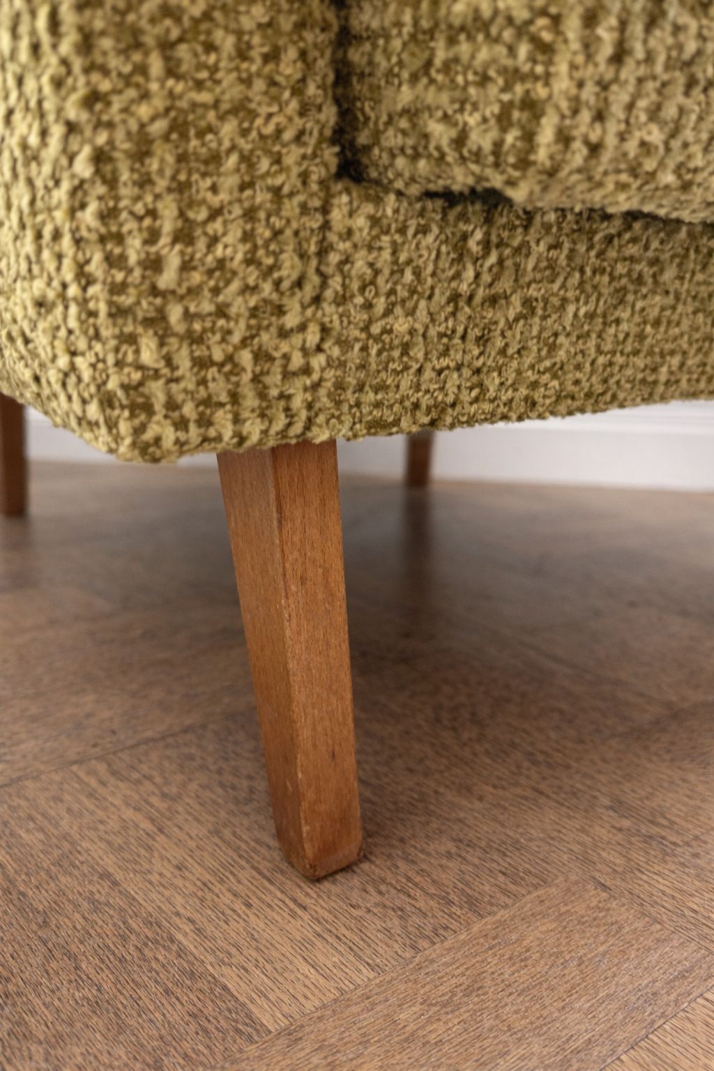 photo for sale Pair Of 1960s Scandinavian Modern Lounge Armchairs In Moss Green Bouclé And Teak
