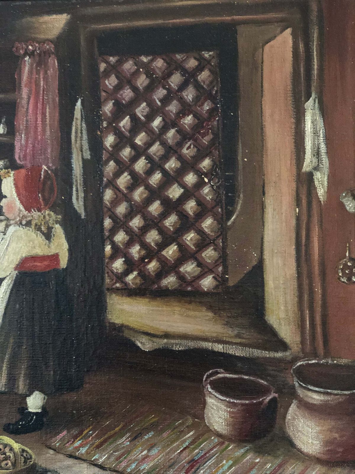 Vintage Olieverfschilderij Van Een Meisje In Een Boereninterieur, Ca. 1940 photo for sale