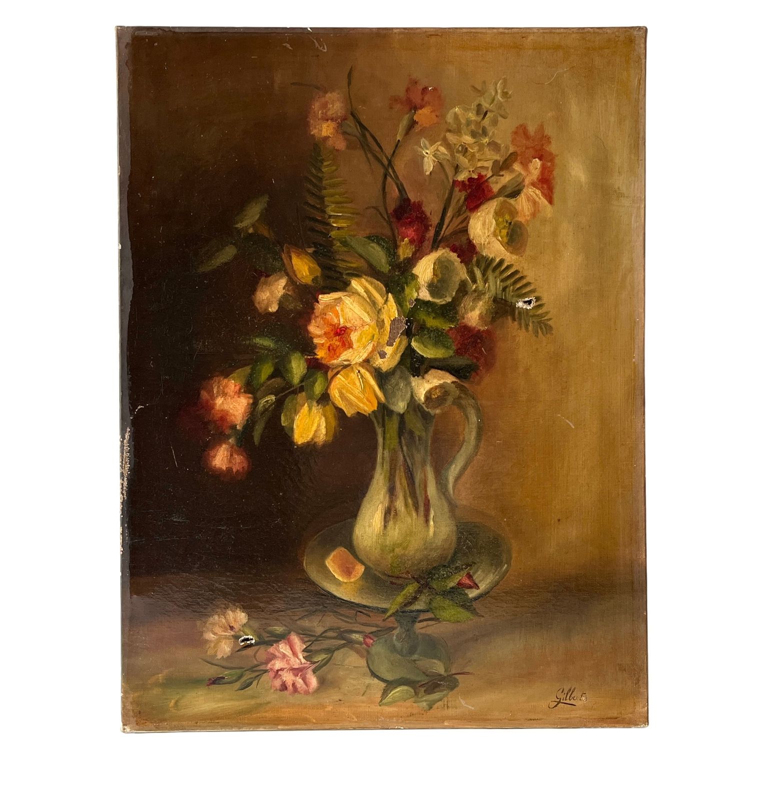 Original 1900s Bouquet Of Flowers In Oil On Canvas, French Antique Floral Still Life Painting