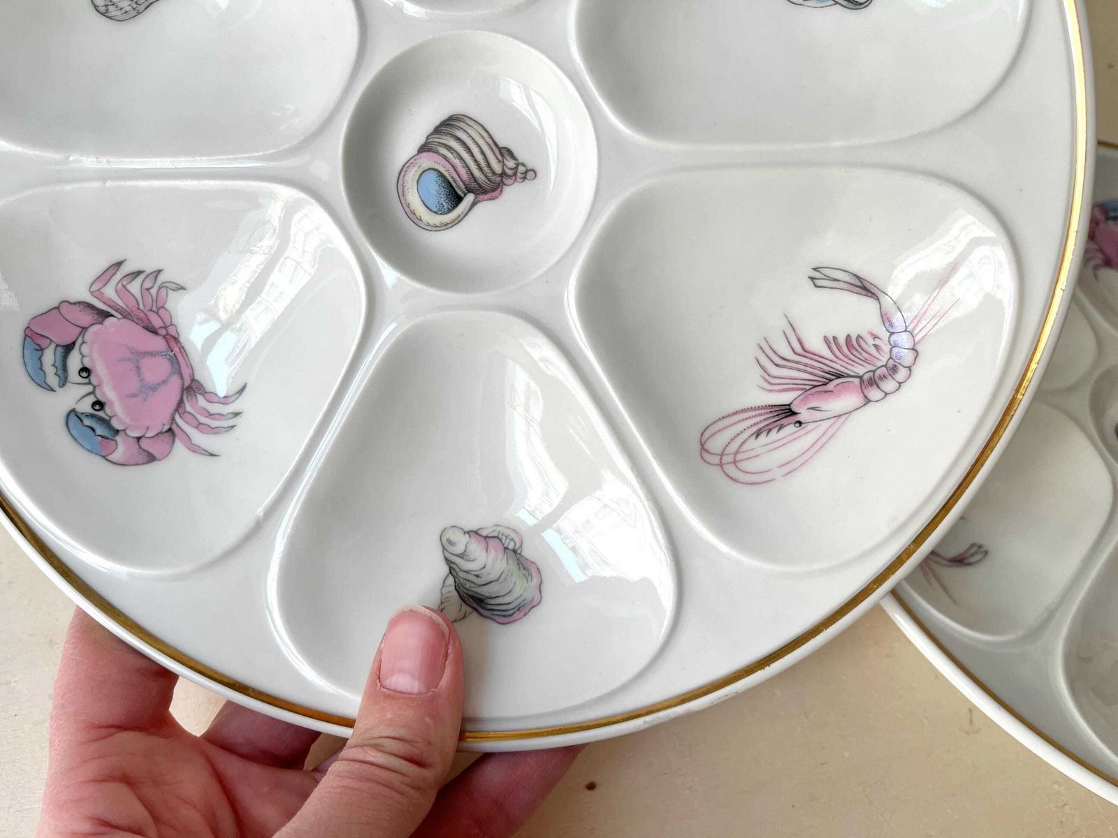 Set Of 2 Porcelain Oyster Plates From Limoges By Louis Lourioux 60s, Vintage French Seafood Plates, Vintage French Tableware photo 178.0
