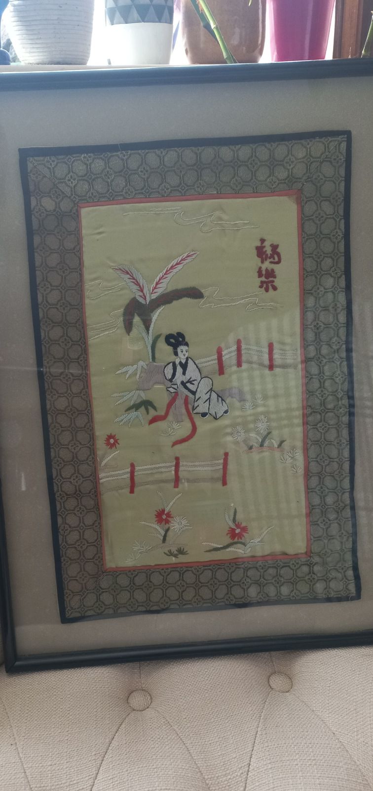 Vintage Chinese Silk Art Embroidery Panel. Lady Beneath Tree Framed Textile Wall Art photo for sale
