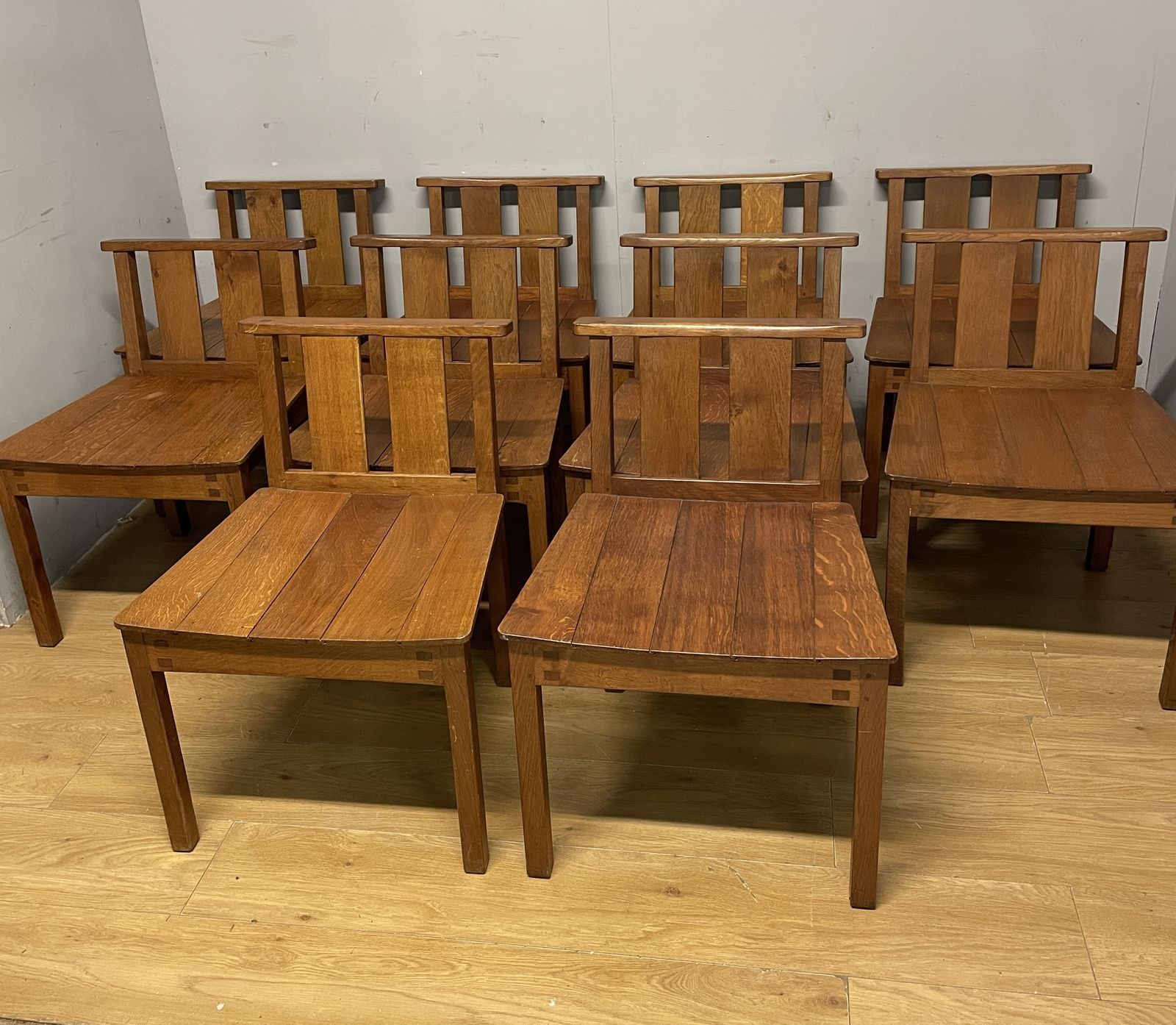 Set Of 10 Golden Oak Acorn Man Chairs Ex York Minster