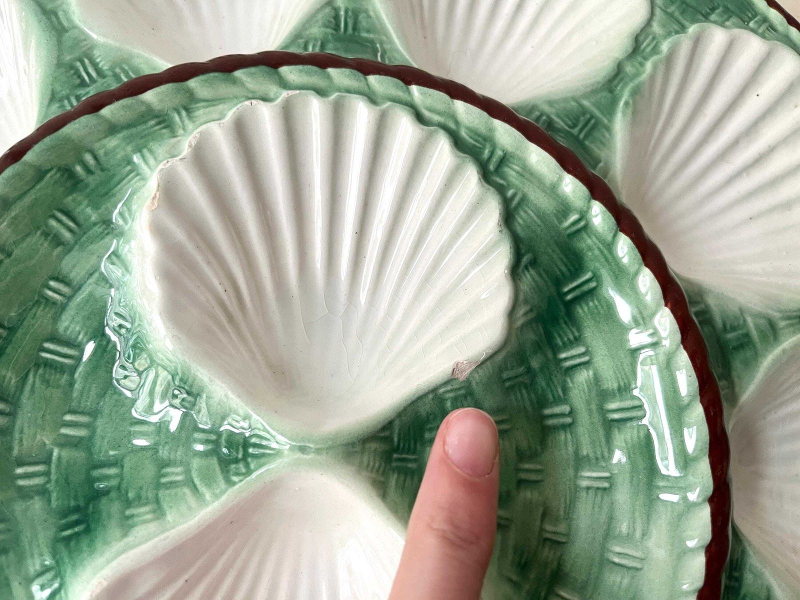 French Oyster Dish Longchamp France 60s, Vintage Green Majolica Made In France, Seafood Plate photo Home Decor